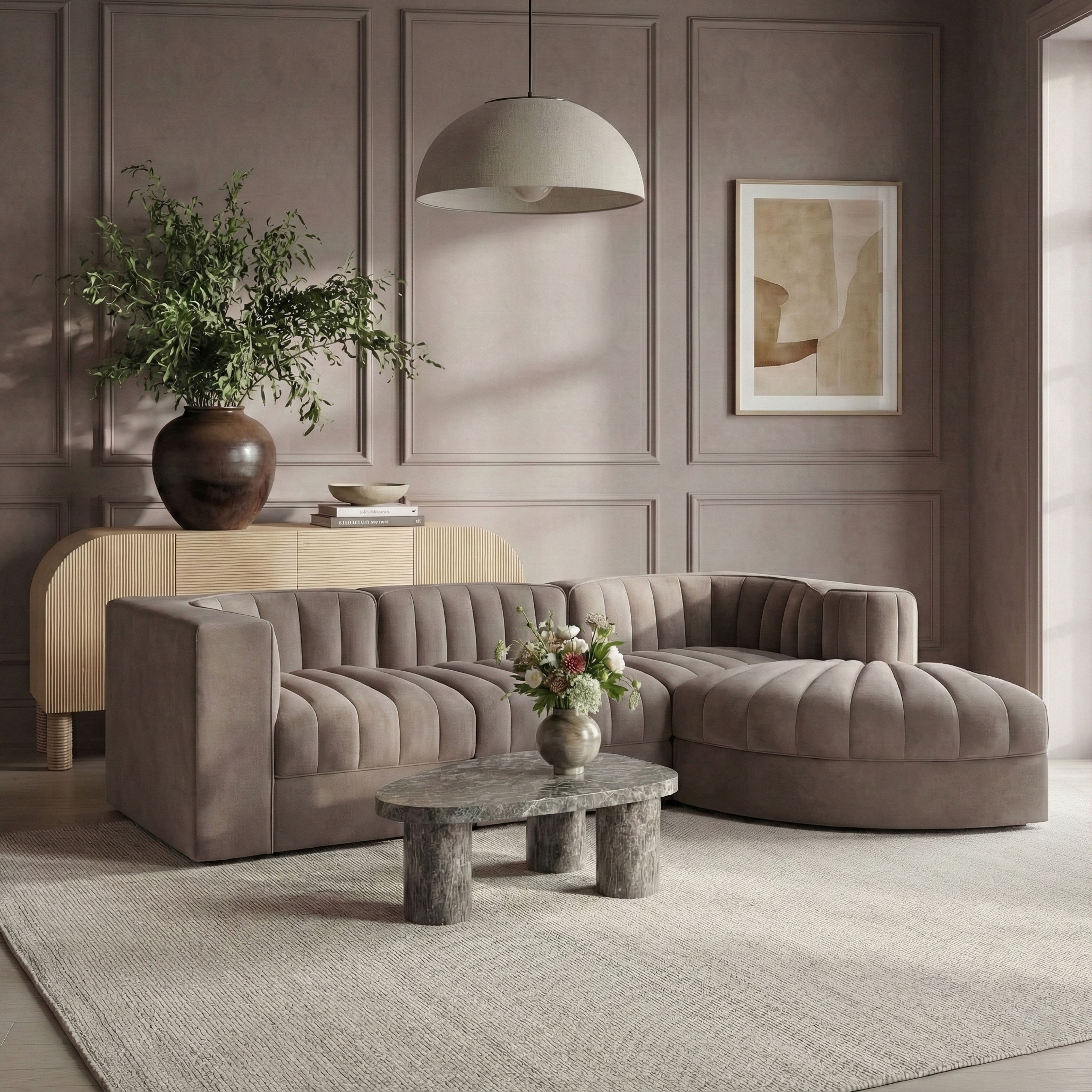 Rummi - Velvet Performance Fabric Upholstered 4 Piece Modular Sectional, With Reverse Corner Chair - Taupe