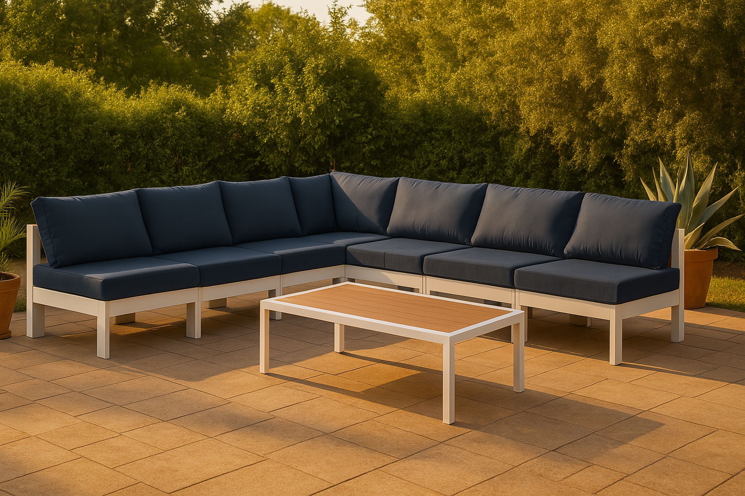 Nizuc - Outdoor Patio 7 Piece Modular Croner Armless Sectional With White Frame - Navy