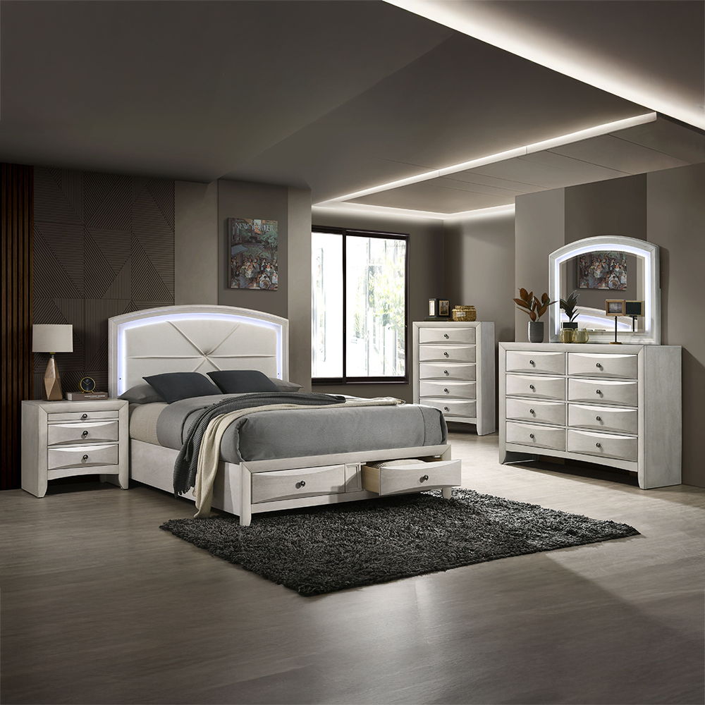 Ramondi - Queen Bed With Storage & LED - Antique White, white, view 7