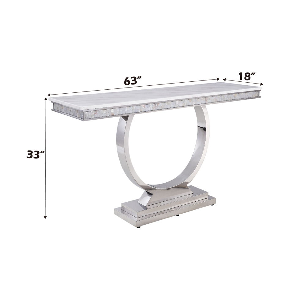 Zander - Sofa Table - White Printed Faux Marble Top & Mirrored Silver, white, view 5