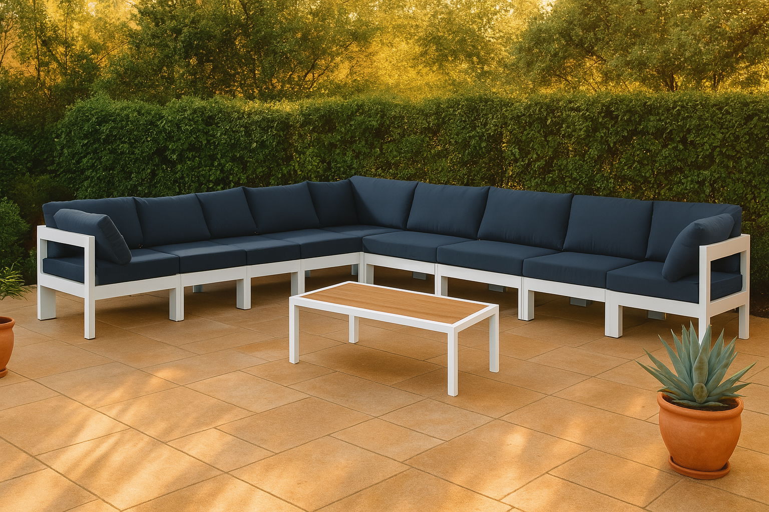 Nizuc - Outdoor Patio 9 Piece Modular Corner Sectional With White Frame - Navy