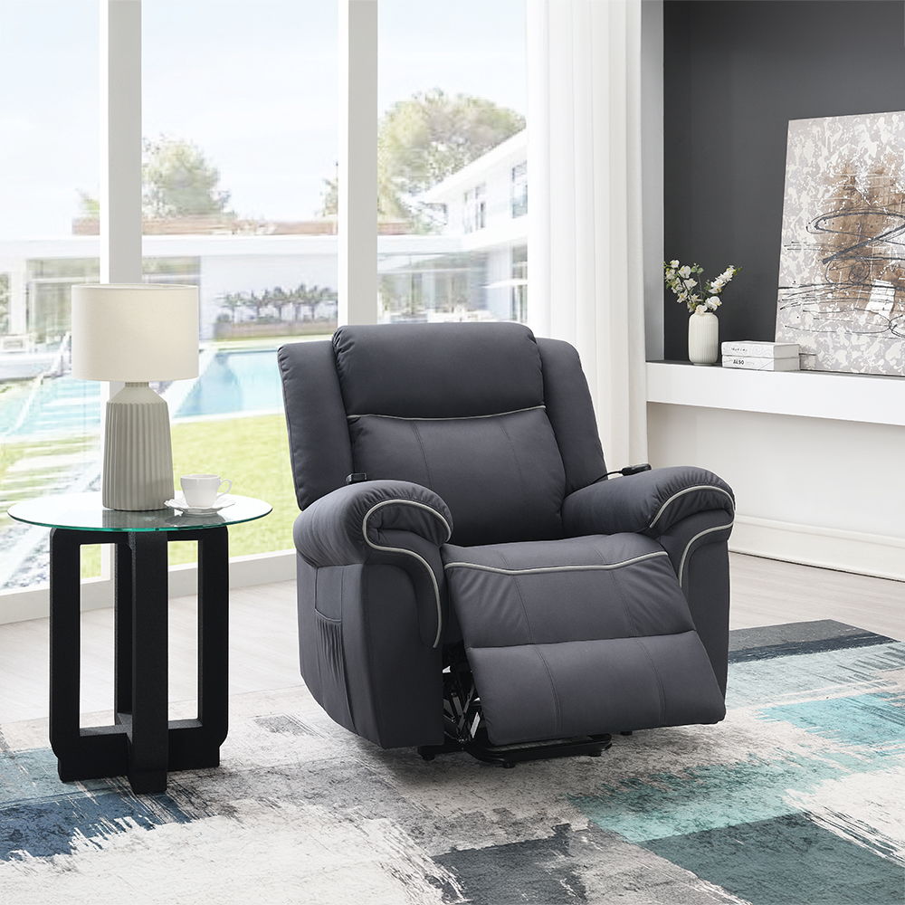 Domana - Power Recliner With Lift & Heating & Massage - Dark Blue Fabric, blue