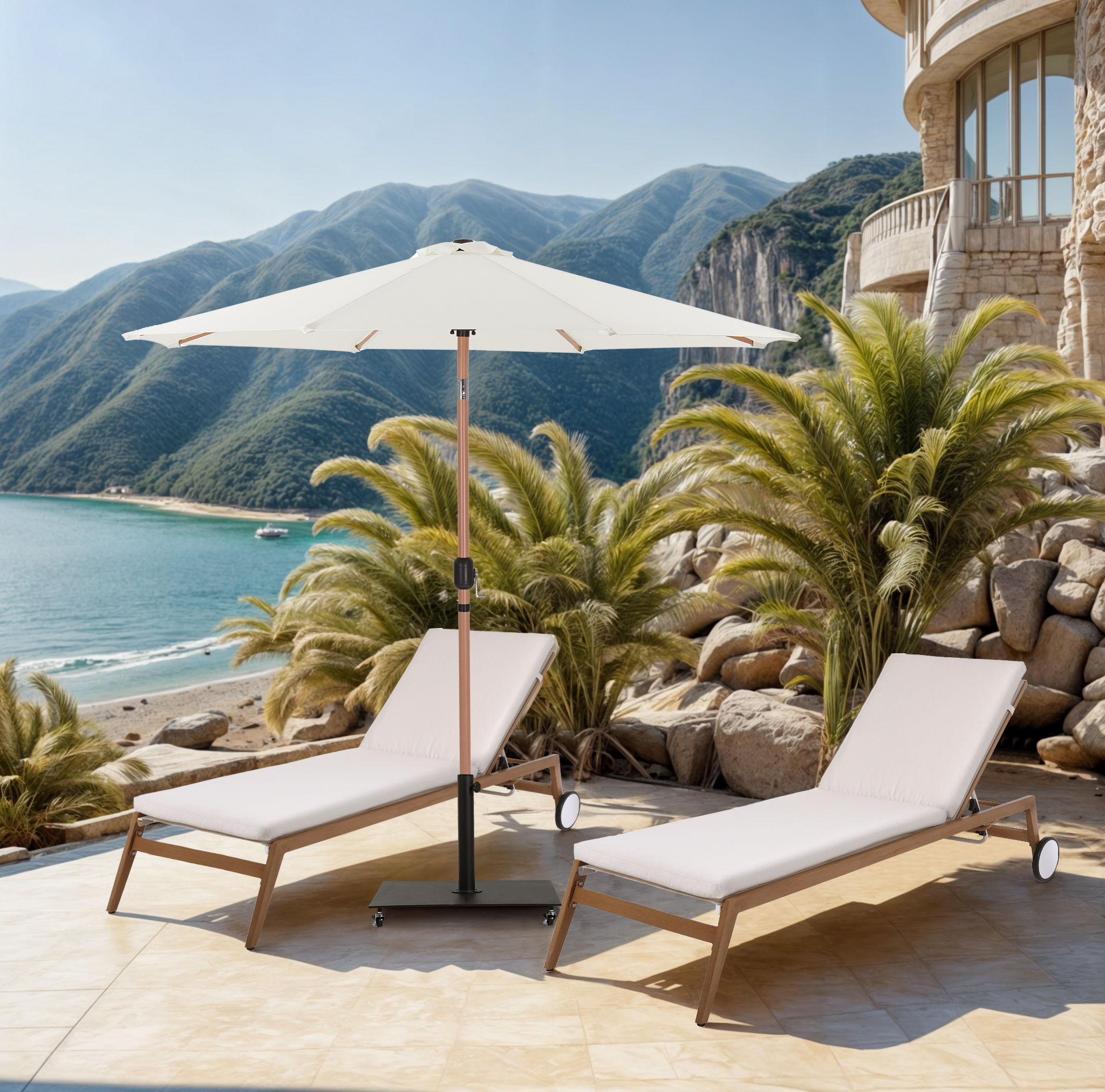 Fiji - Aluminum Patio Umbrella With Square Black And Teak Base - White