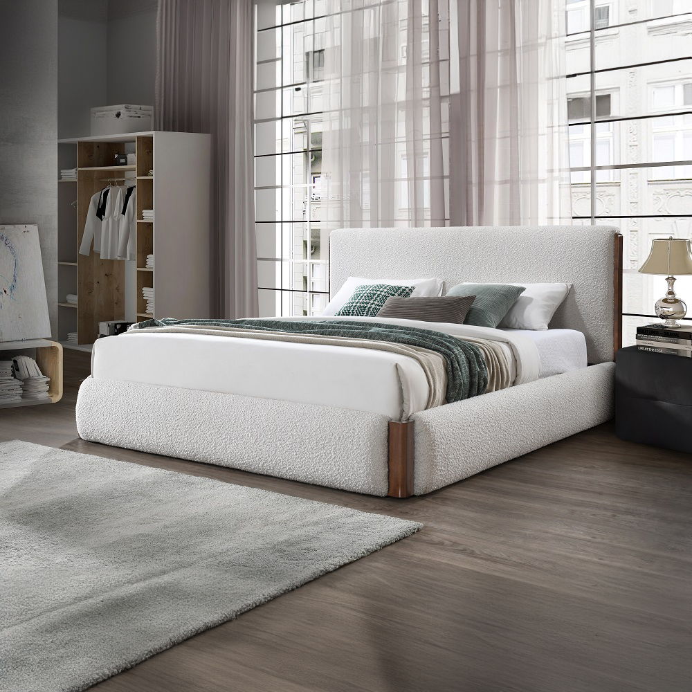 Sandro - Queen Bed - White Boucle & Walnut, white, view 6