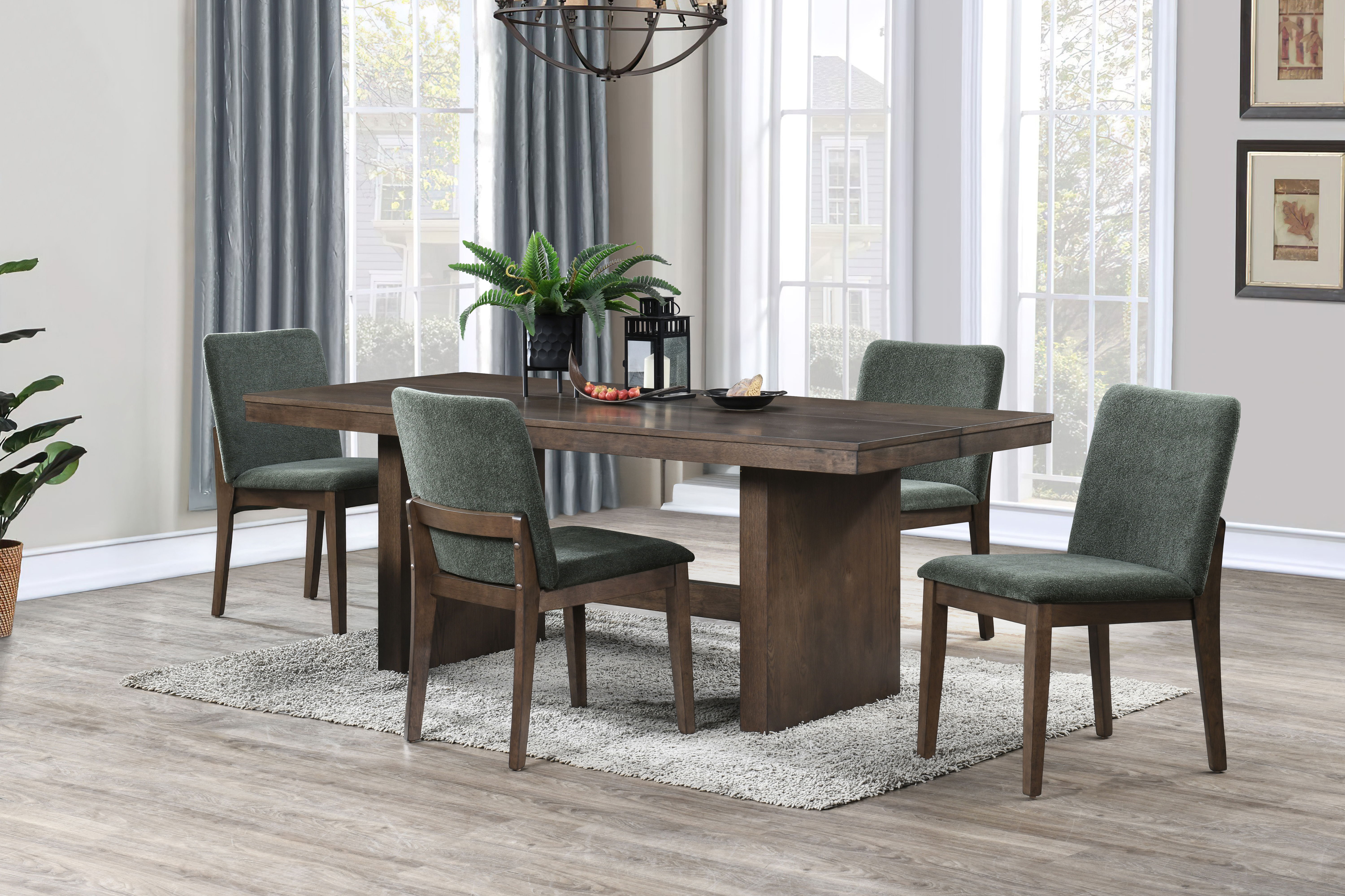 Kody - 79" Rectangle Fixed Top Dining Table With 4 Chair - Brown / Forest Green