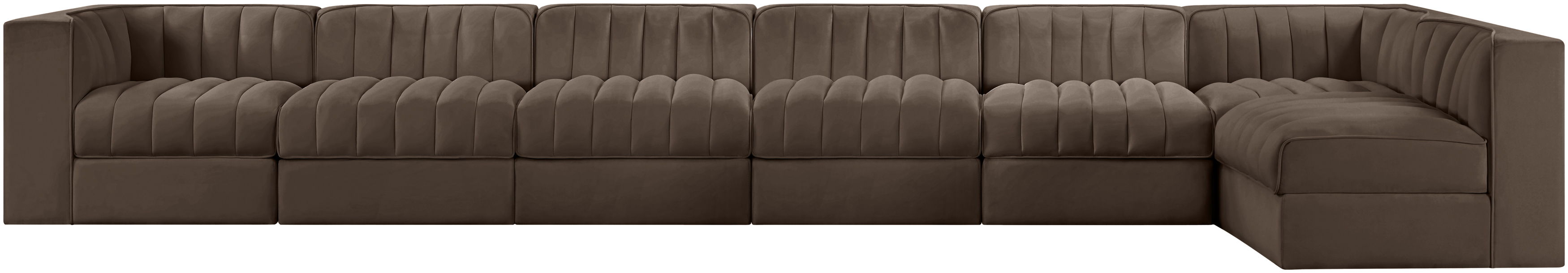 Rummi - Velvet Performance Fabric Upholstered 7 Piece Modular Sectional, L-Shaped (Right) - Brown