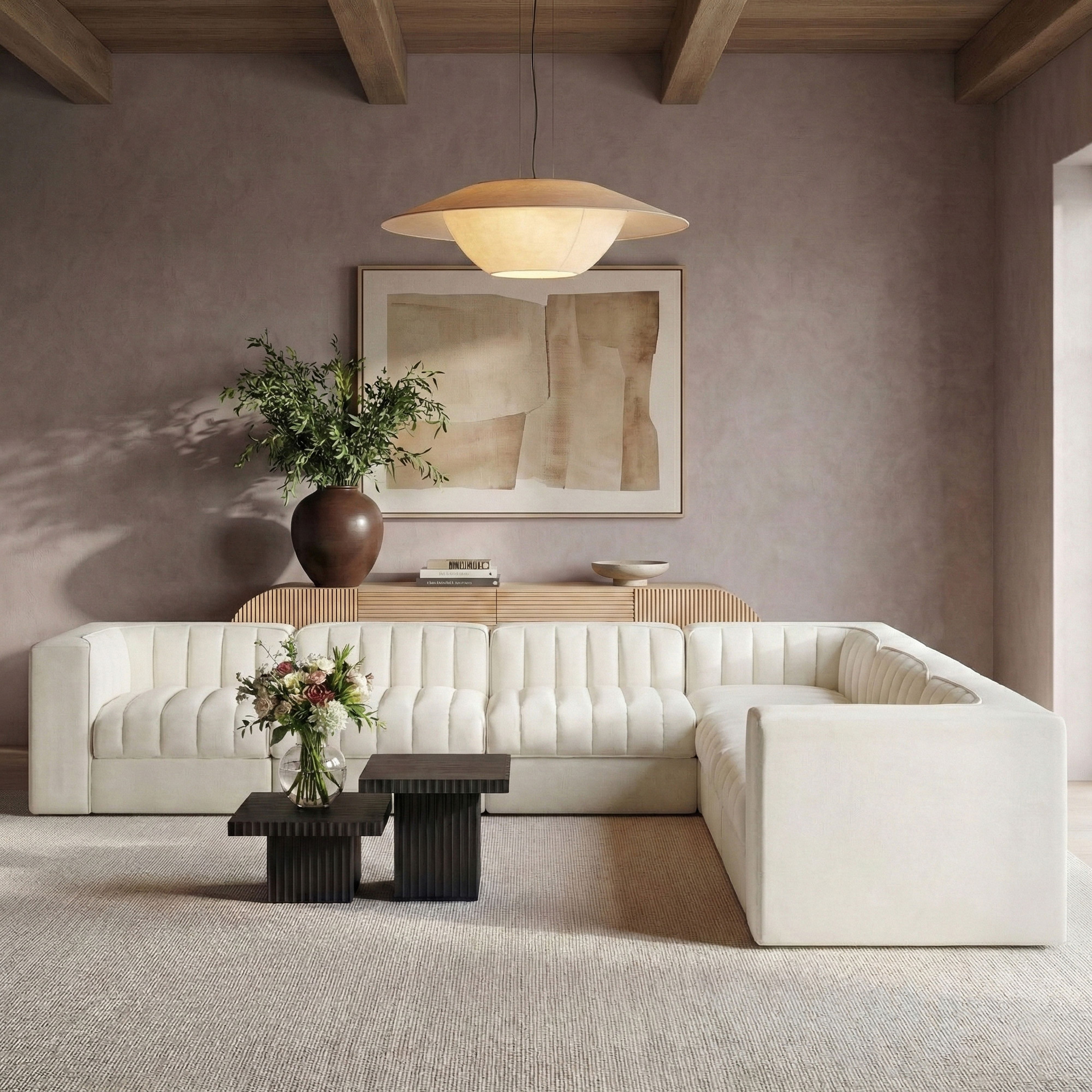 Rummi - Symmetrical Velvet Performance Fabric Upholstered 7 Piece Modular Sectional (With 3 Corner Chairs) - Cream