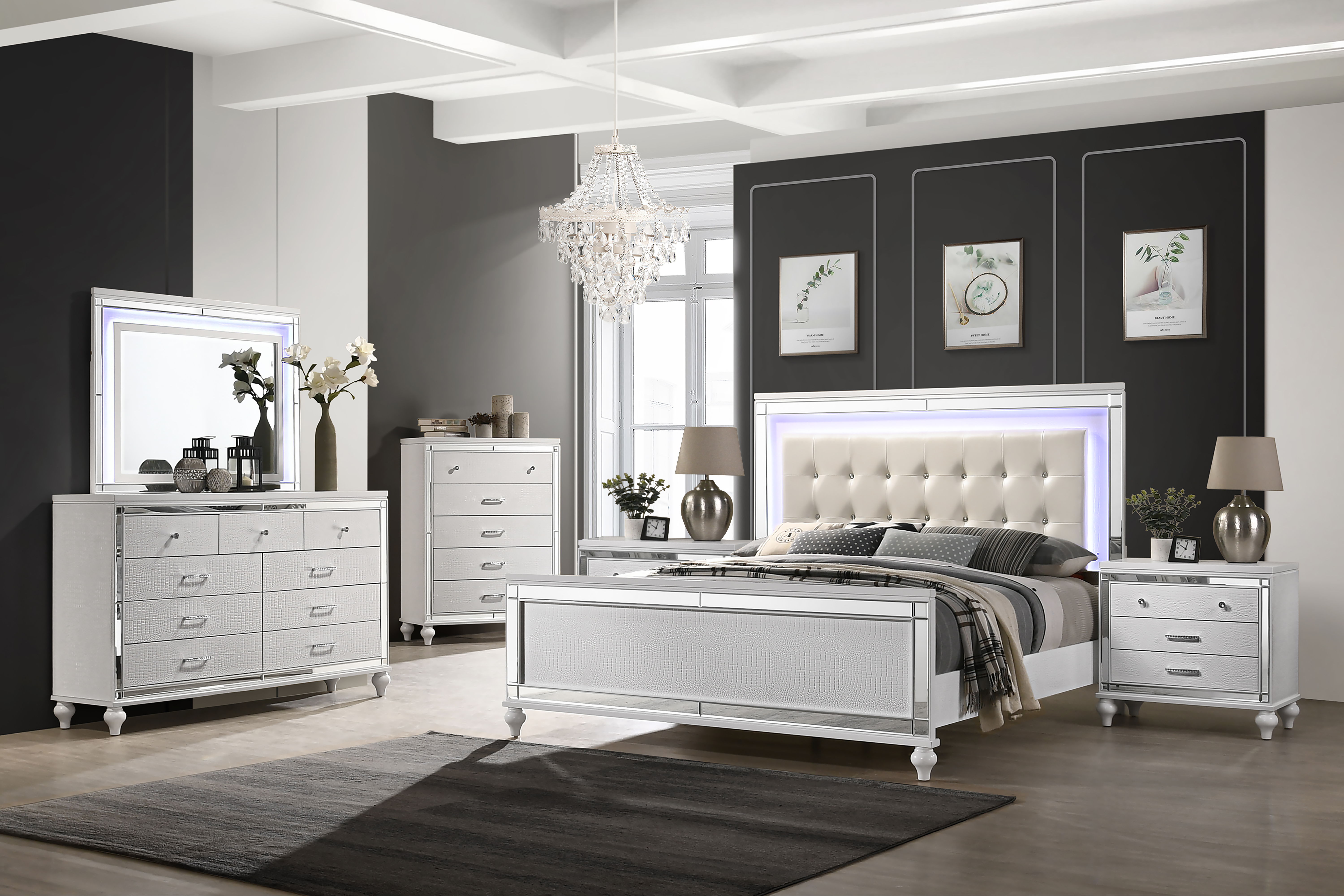 Valentino - 6/6 Eastern King 6 Piece Bedroom Set (Bed & Dresser & Mirror & Chest & 2 Nightstands) - White