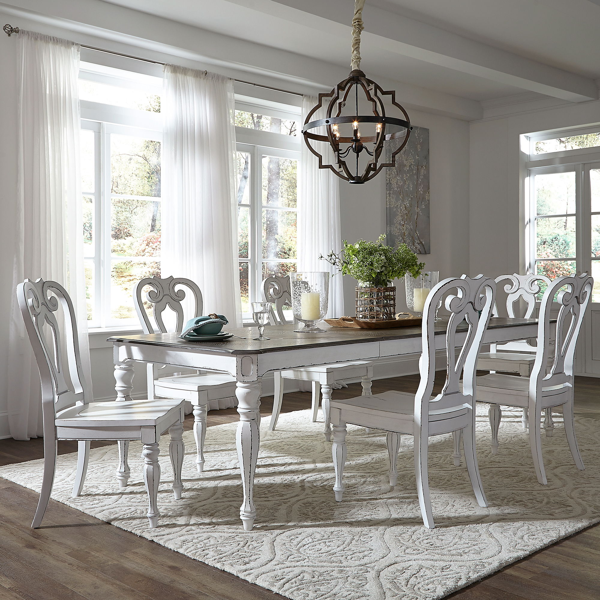 Liberty Furniture Magnolia Manor - 7 Piece Leg Table Set - White - Shaped Back Chairs