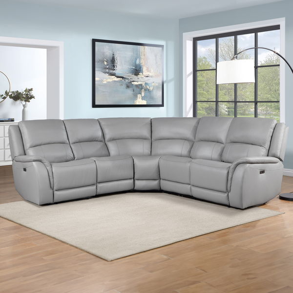 Alexandria - Leather 5 Piece Power Sectional - Stone Gray