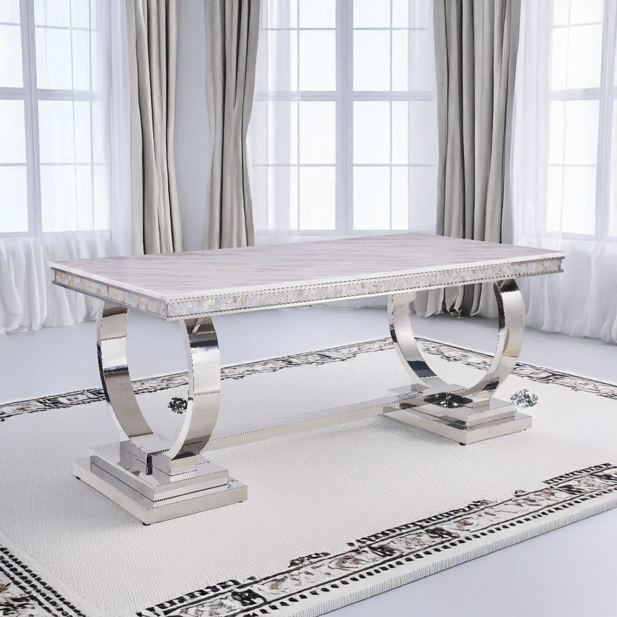 Zander - Dining Table - White Printed Faux Marble Top & Mirrored Silver, white