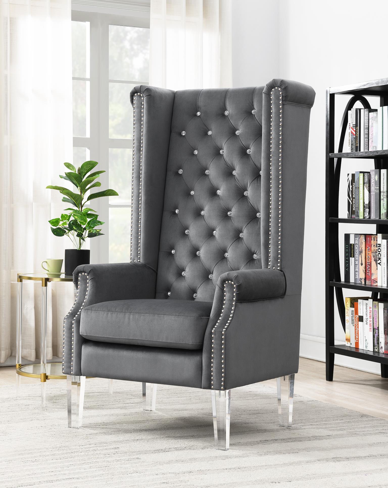 D2090 - High Back Velvet Wing Chair With Acrylic Legs - Gray