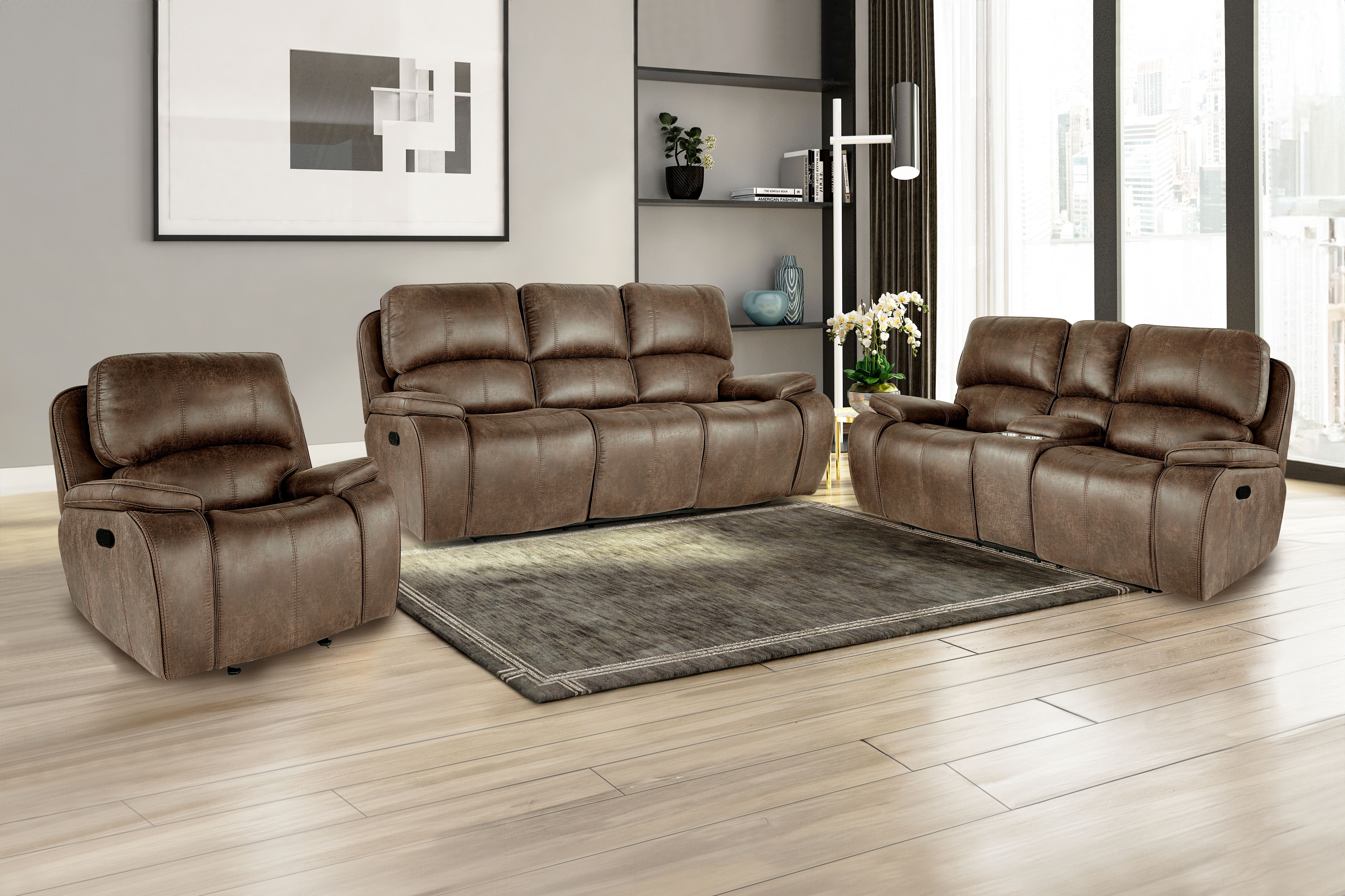 Brookings - 3 Piece Manual Sofa & Loveseat & Recliner - Brown