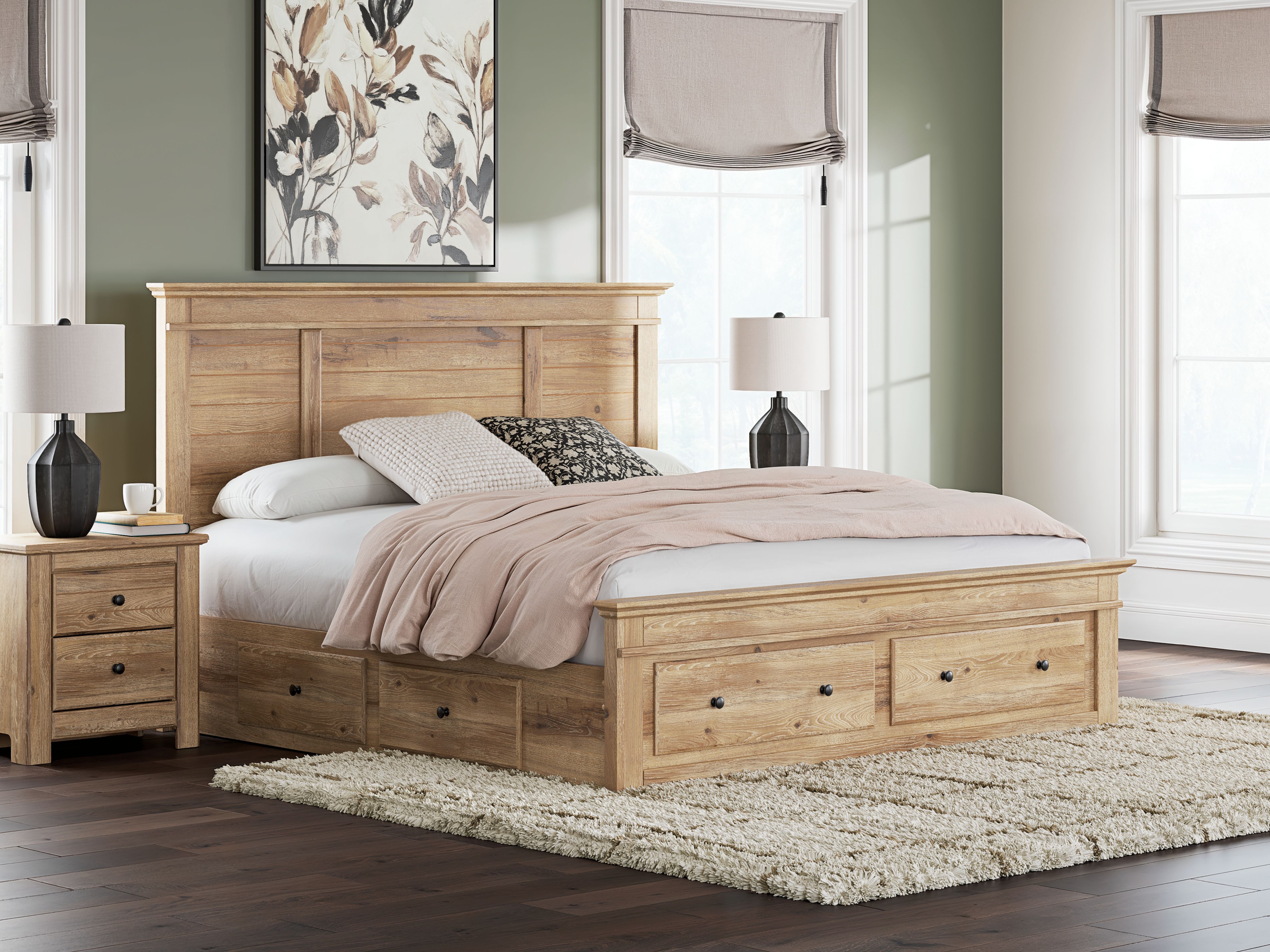 Makidern - King Panel Storage Bed With Under Bed Storage Unit And Storage Footboard - Tan