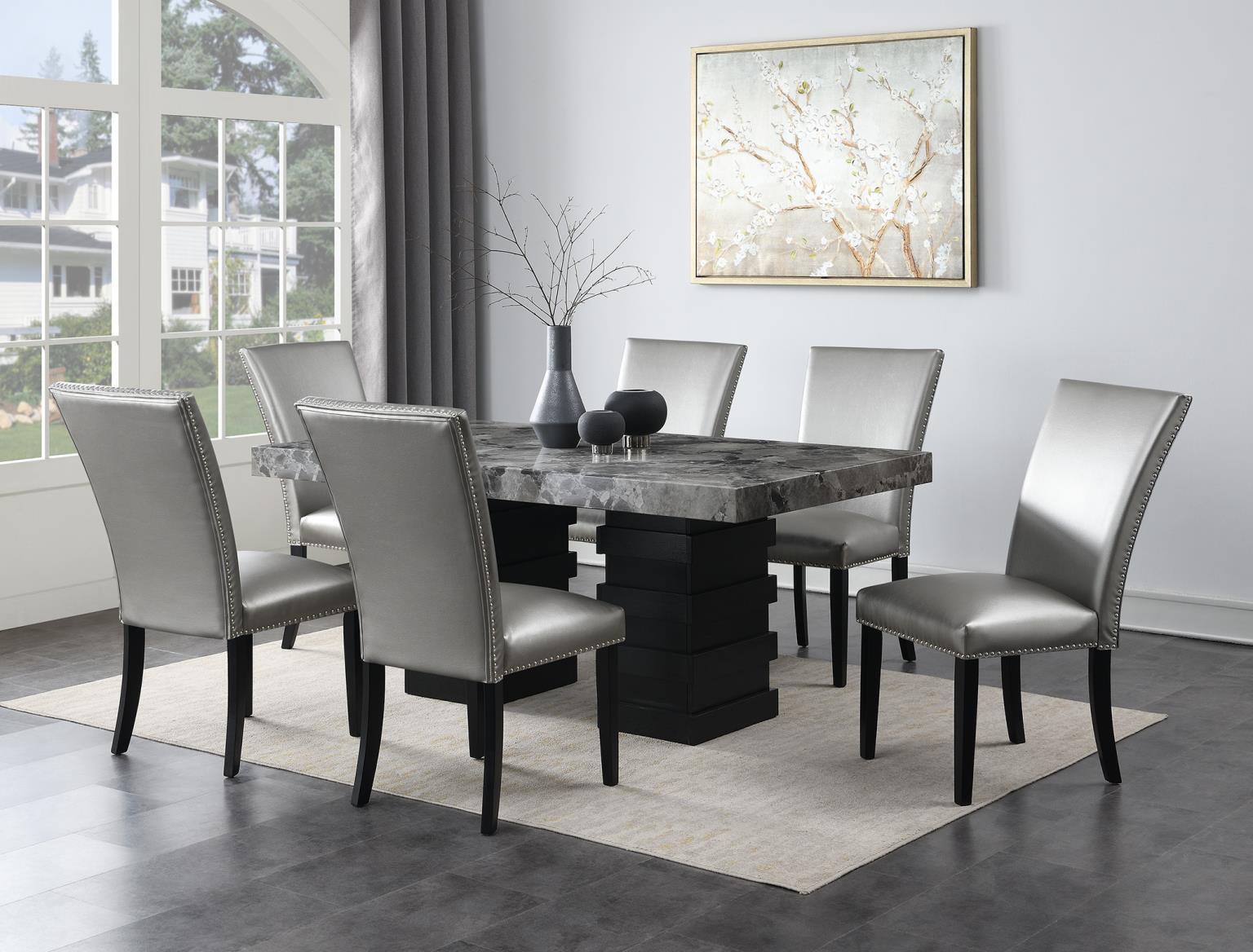 D137 - 7 Piece Dining Room Set (Table, 6 Faux Leather Chairs) - Shimmer Silver