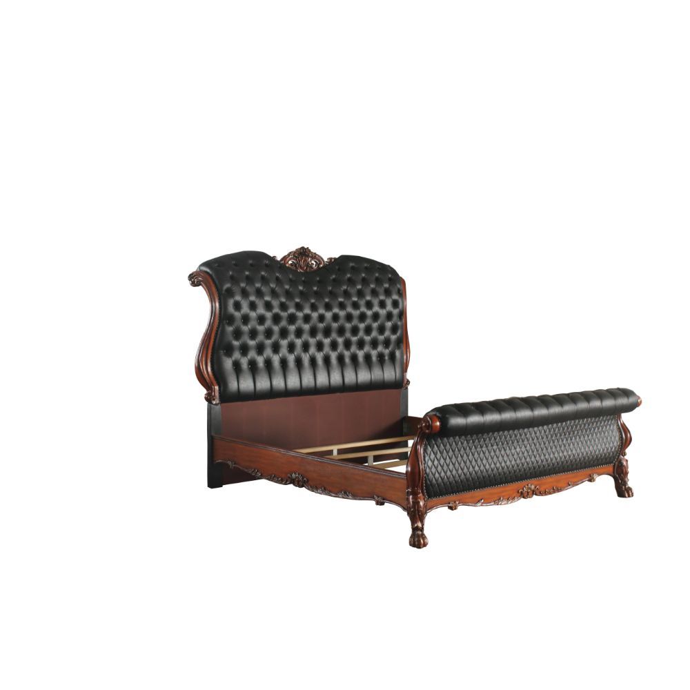 Dresden - Queen Bed - Synthetic Leather & Cherry Oak, black