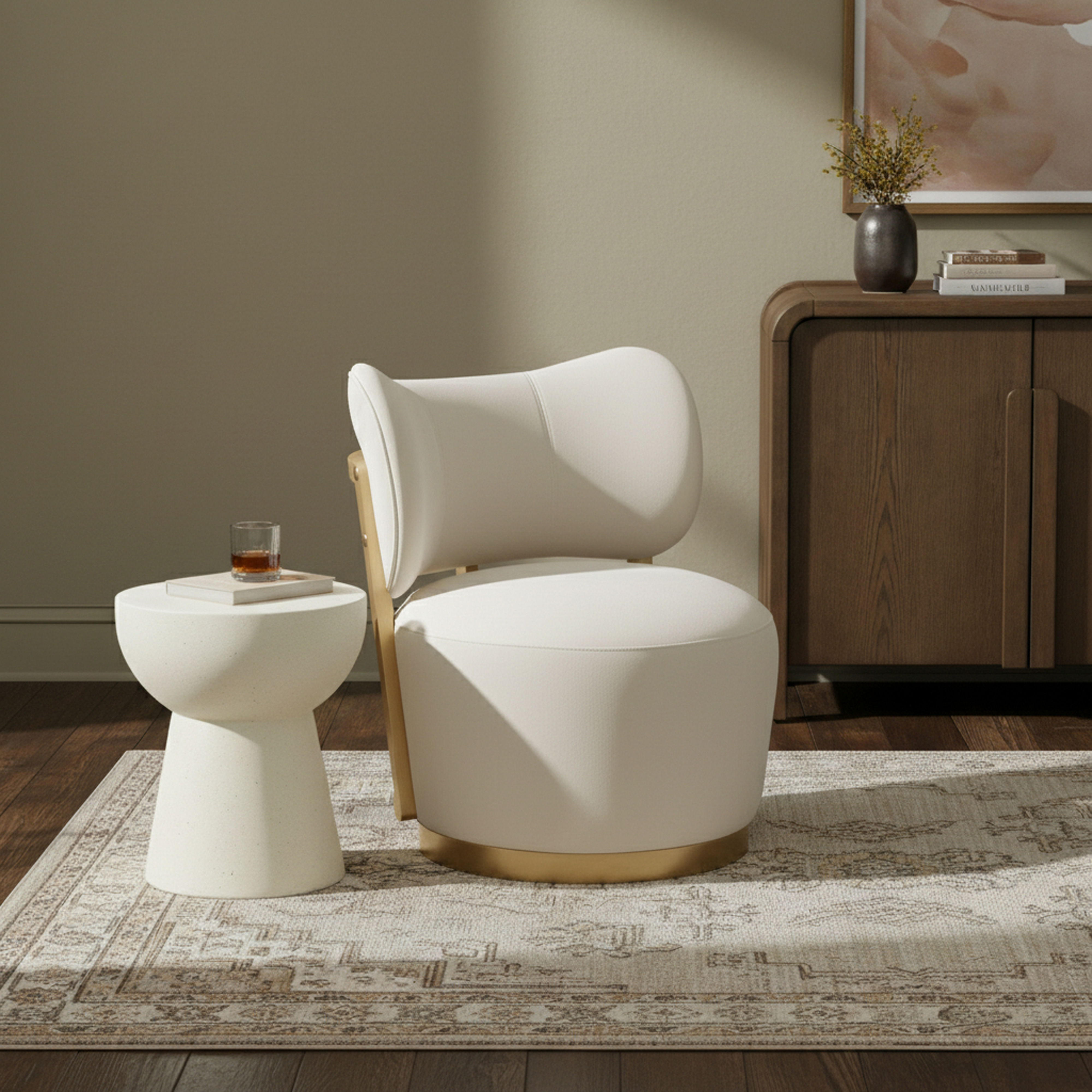 Elara - Velvet Upholstered Swivel Accent Chair - Cream / Stained Natural