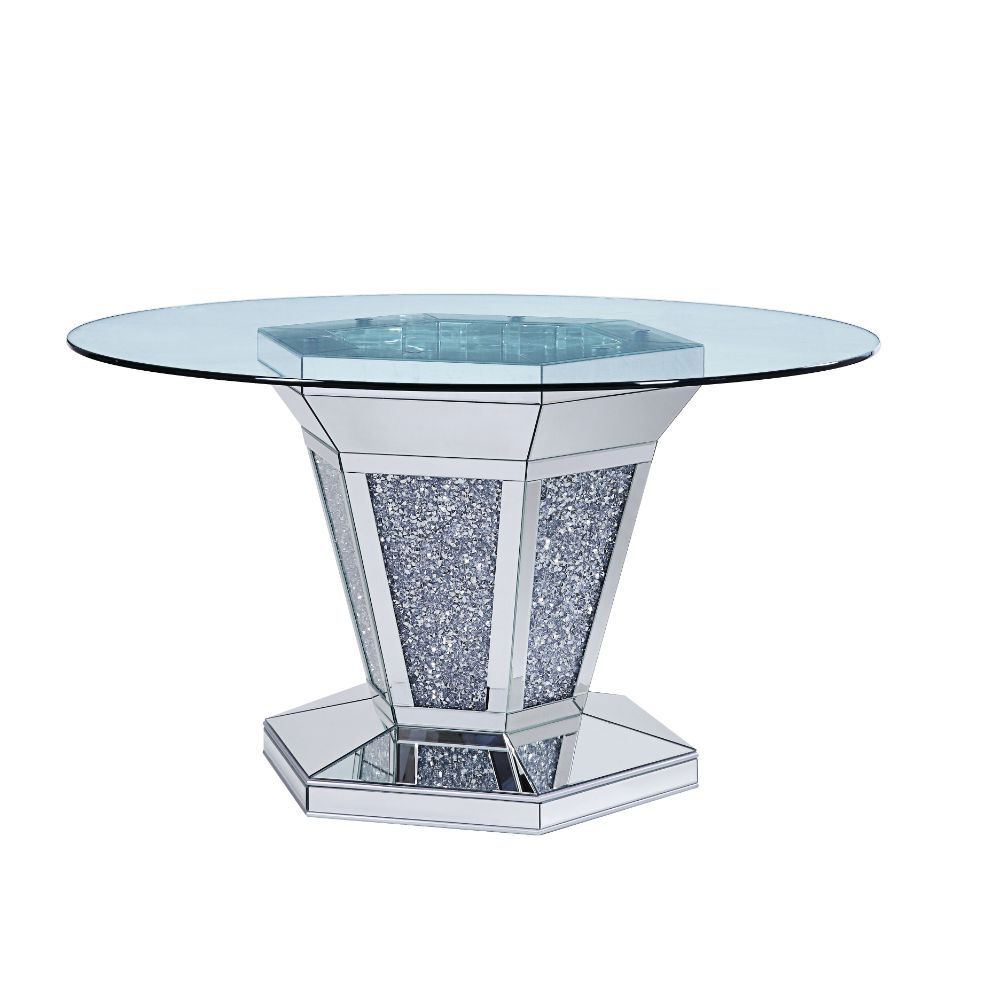 Noralie - Dining Table - Mirrored, Faux Diamonds & Clear Glass Top, silver