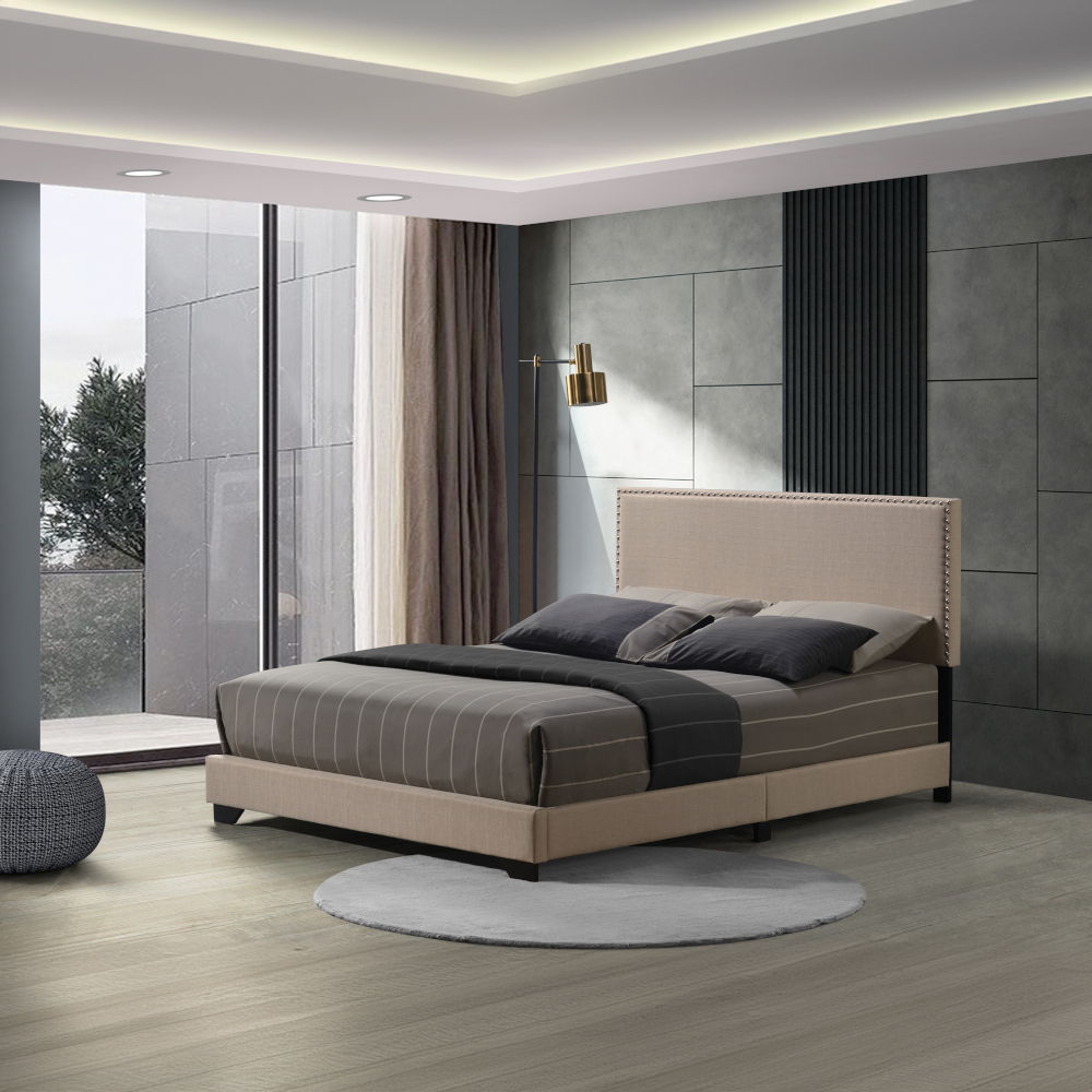 Leandros - Queen Bed - Beige Fabric, beige