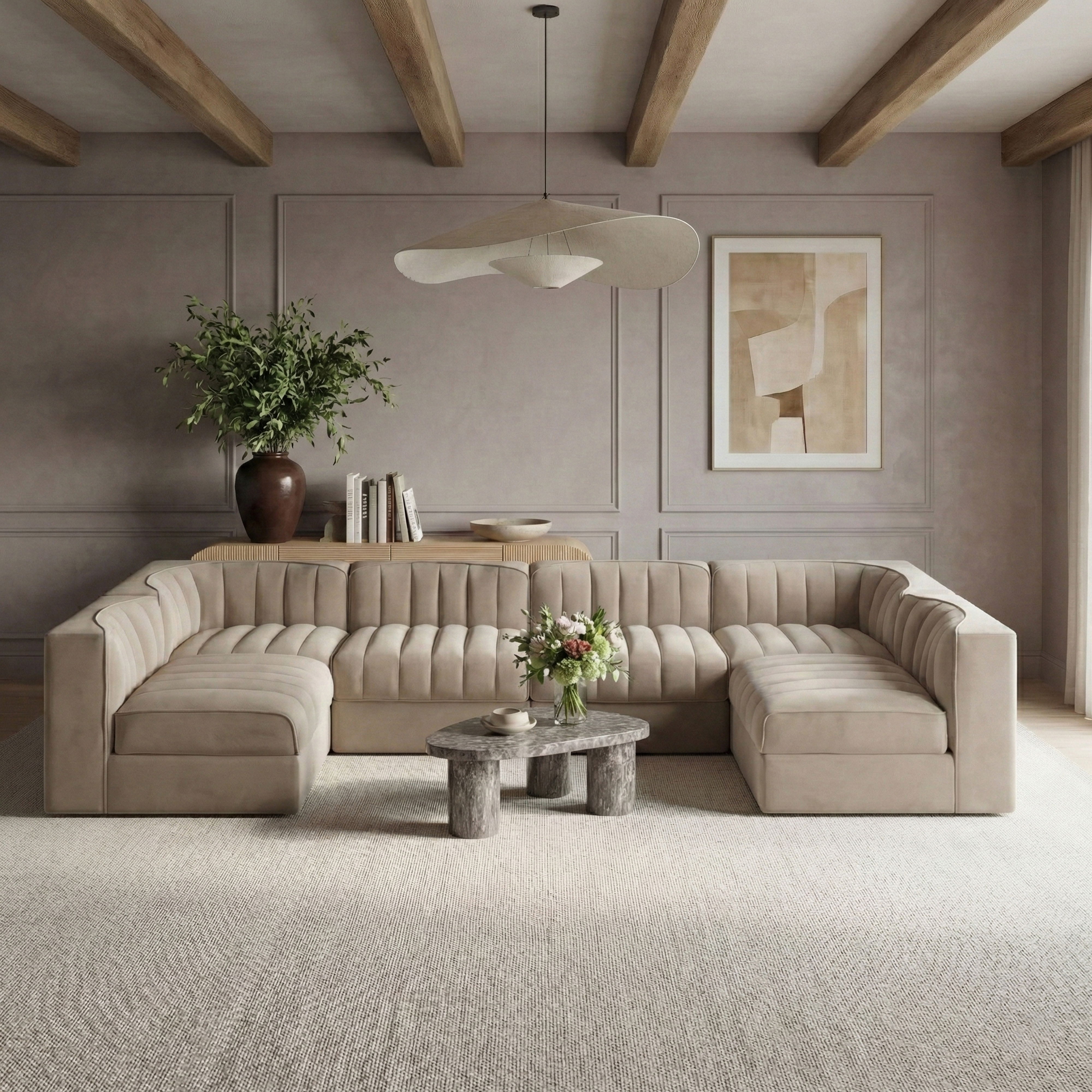 Rummi - Armless Velvet Performance Fabric Upholstered 6 Piece Modular Sectional - Beige