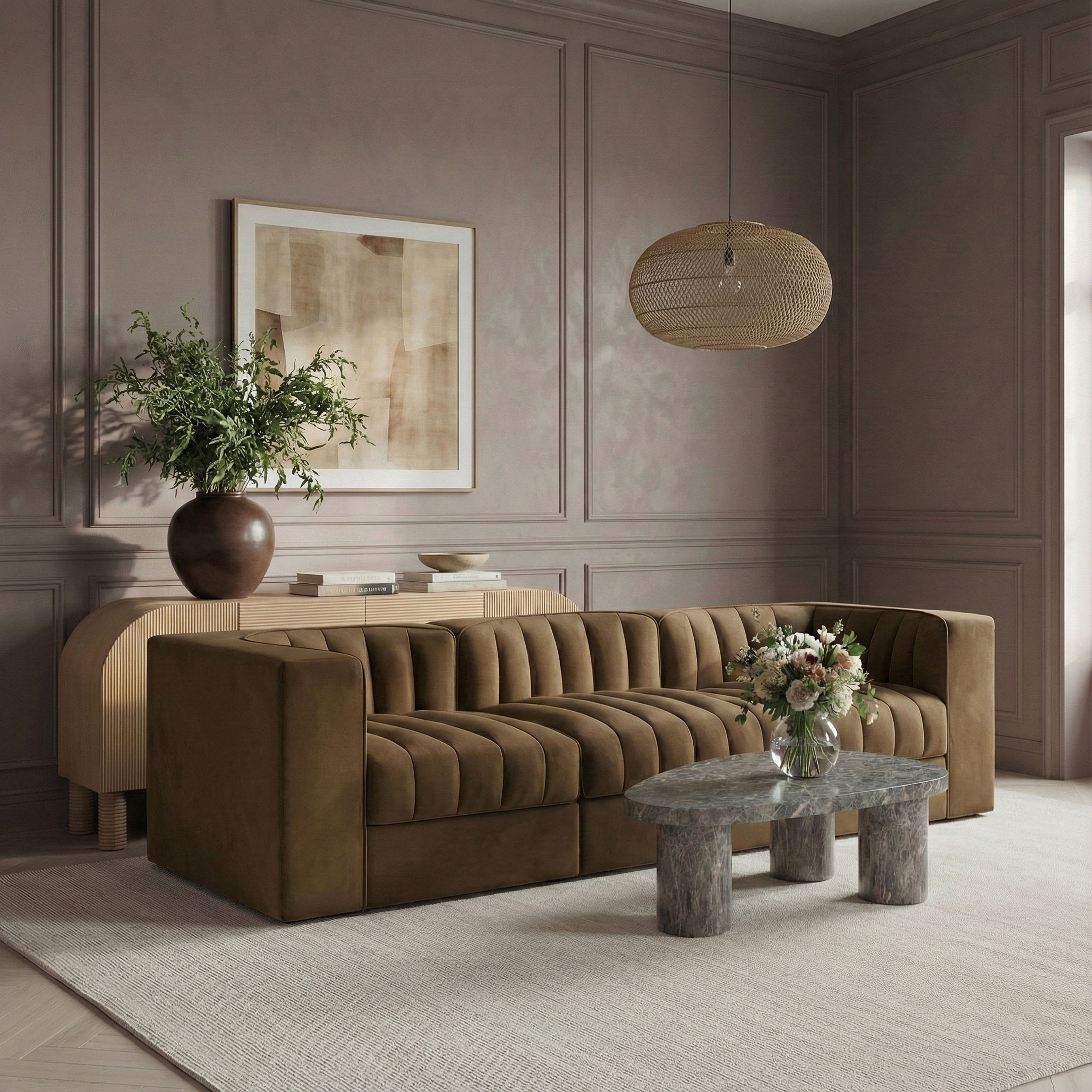 Rummi - Velvet Performance Fabric Upholstered 3 Piece Modular Sofa - Saddle