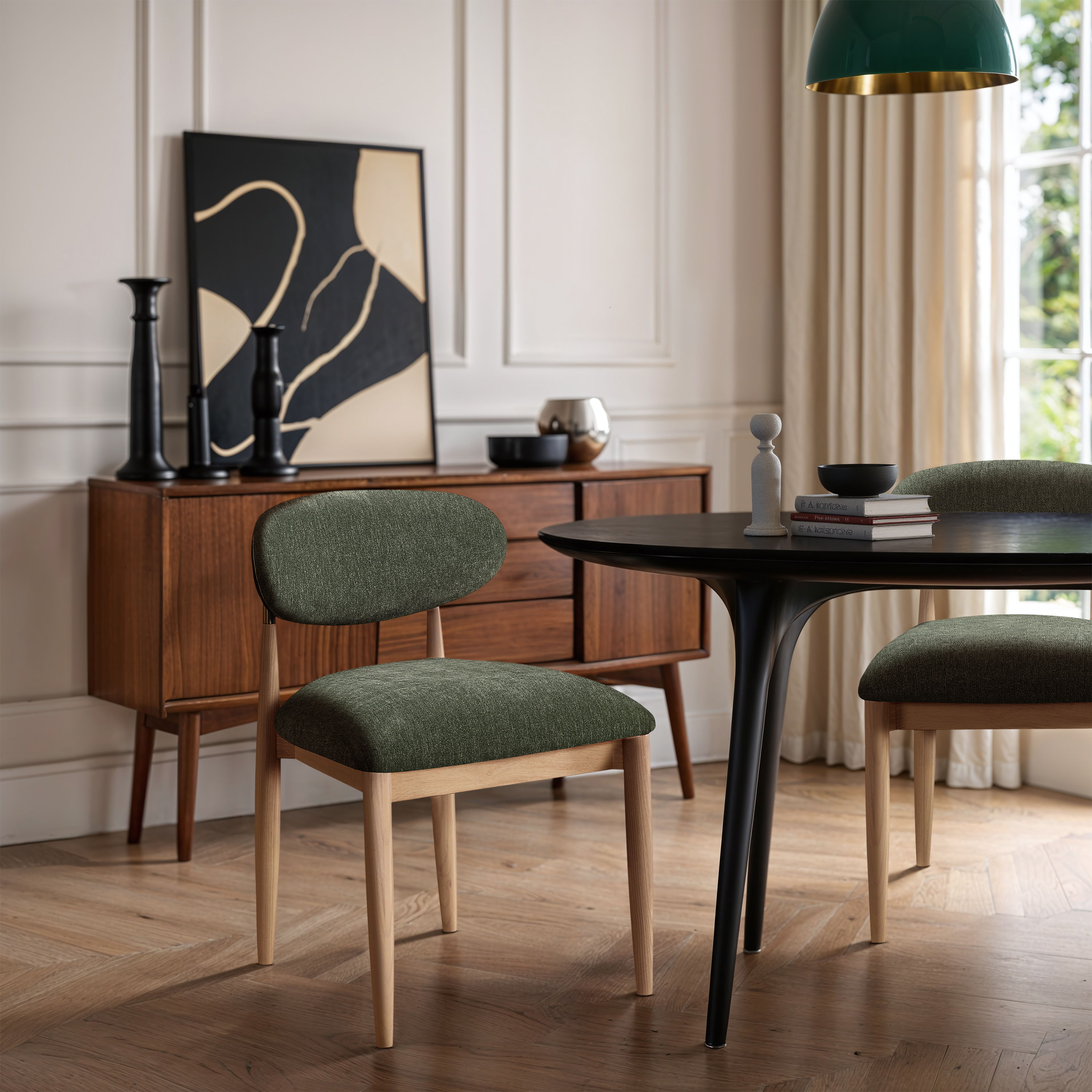 Riccio - Performance Fabric Upholstered Dining Side Chair (Set of 2) With Light Brown Legs - Olive