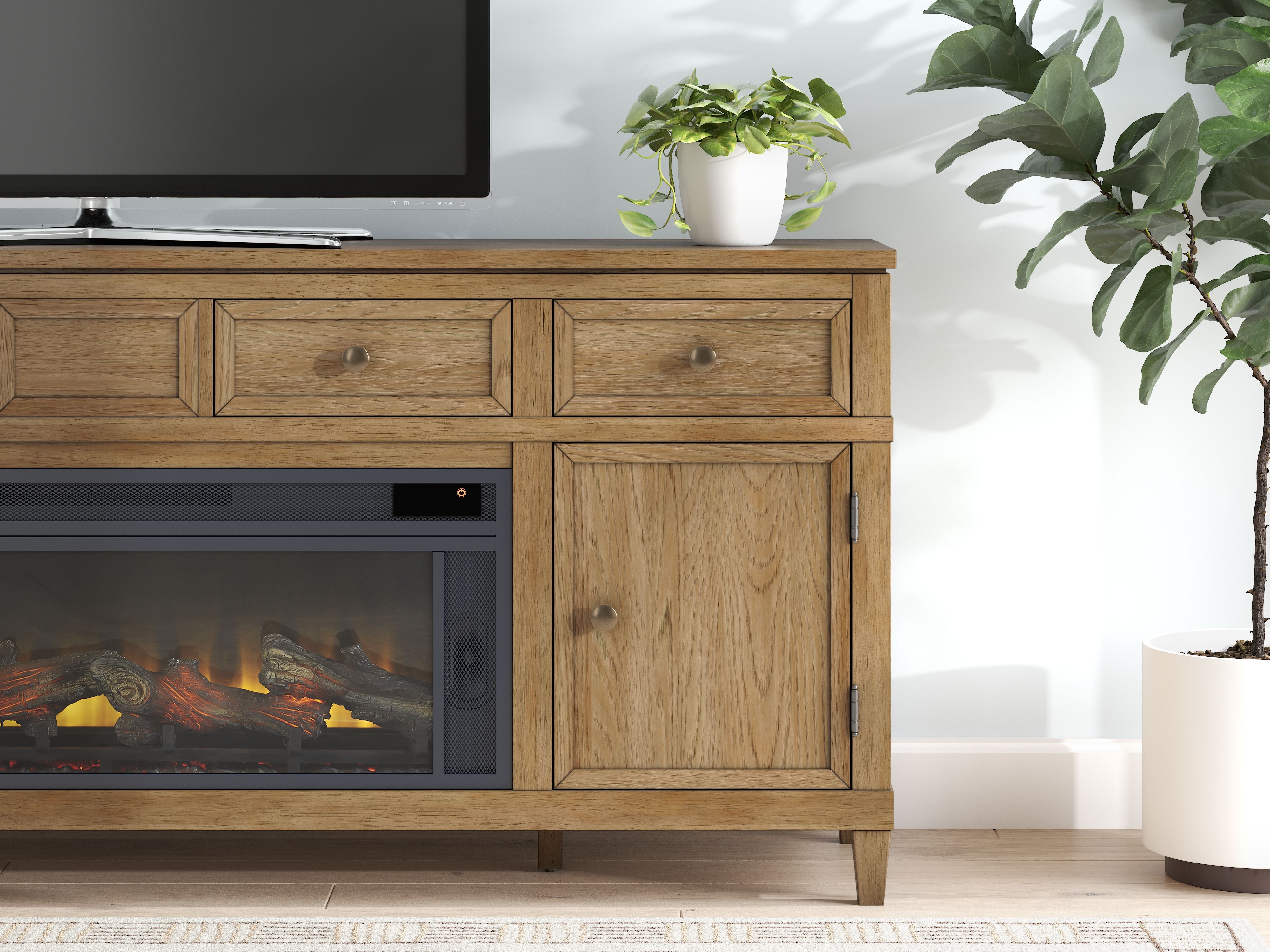 Ashley Furniture Sharlance - 81" TV Stand With Electric Infrared Fireplace Insert - Light Brown - Image 4
