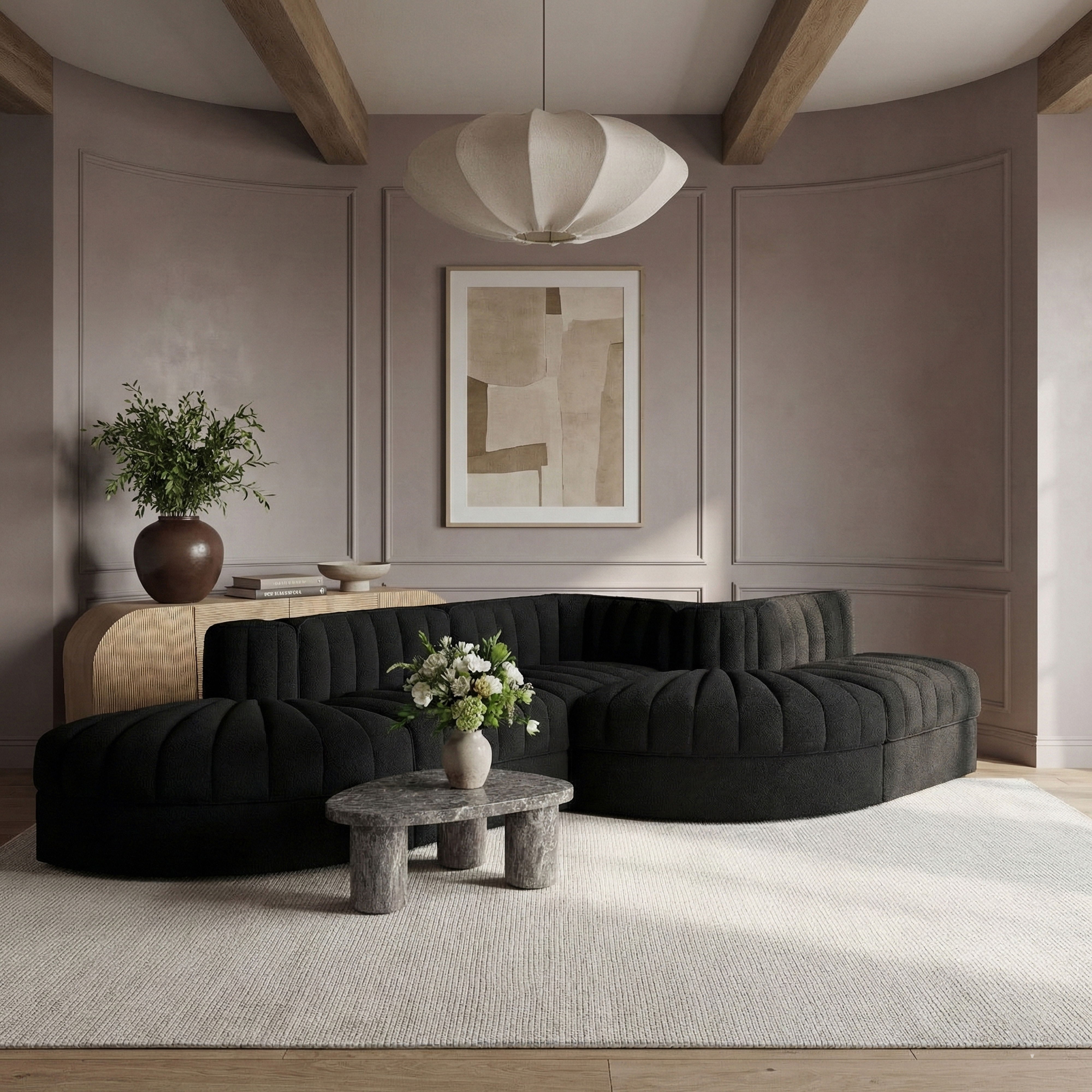 Rummi - Rounded Velvet Performance Fabric Upholstered 5 Piece Modular Sectional - Black