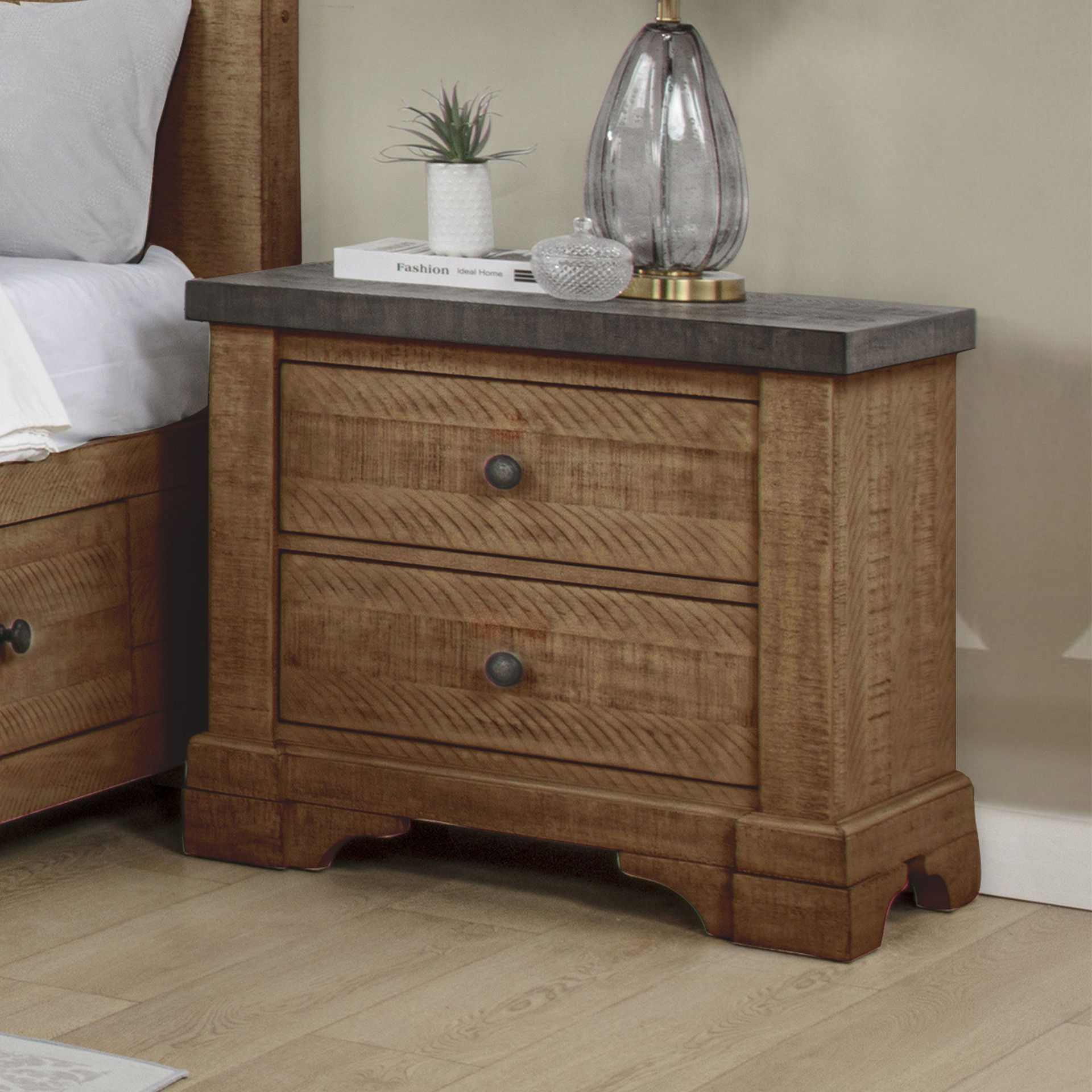 Augusta - Two Drawer Nightstand With USB Port - Rustic Brown, light brown