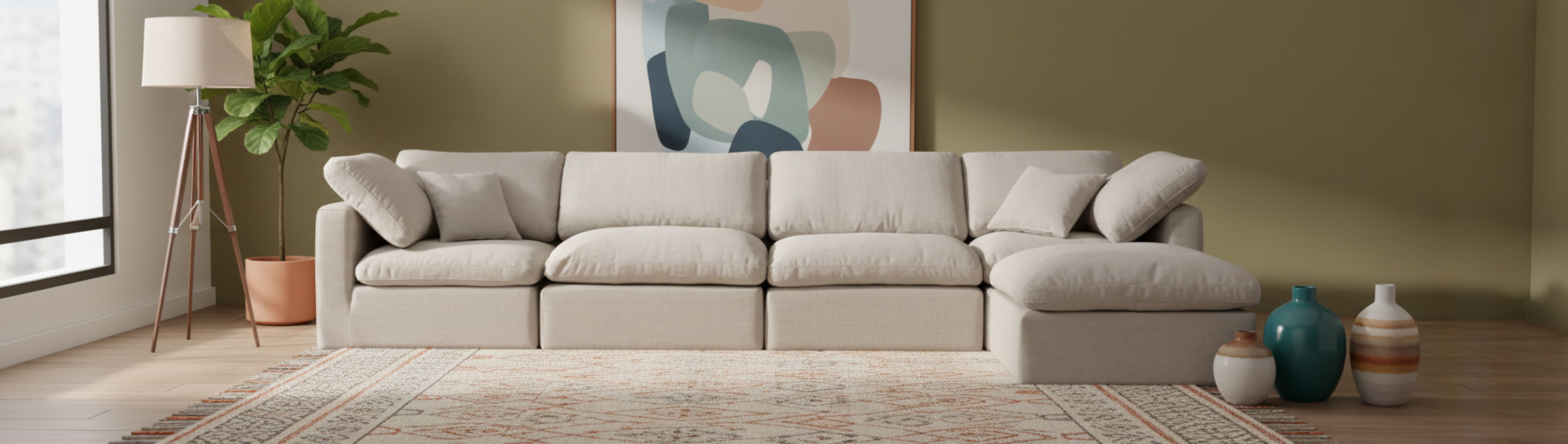 Indulge - Linen 5 Piece Modular Sectional With Chaise - Ivory