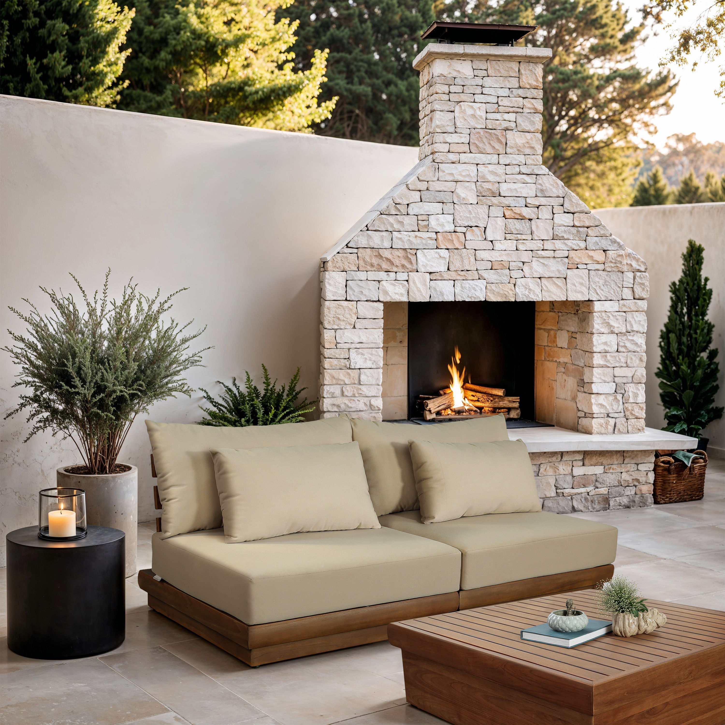 Mirella - 2 Piece Water Resistant Fabric 74" Upholstered Outdoor Patio Modular Loveseat - Tan