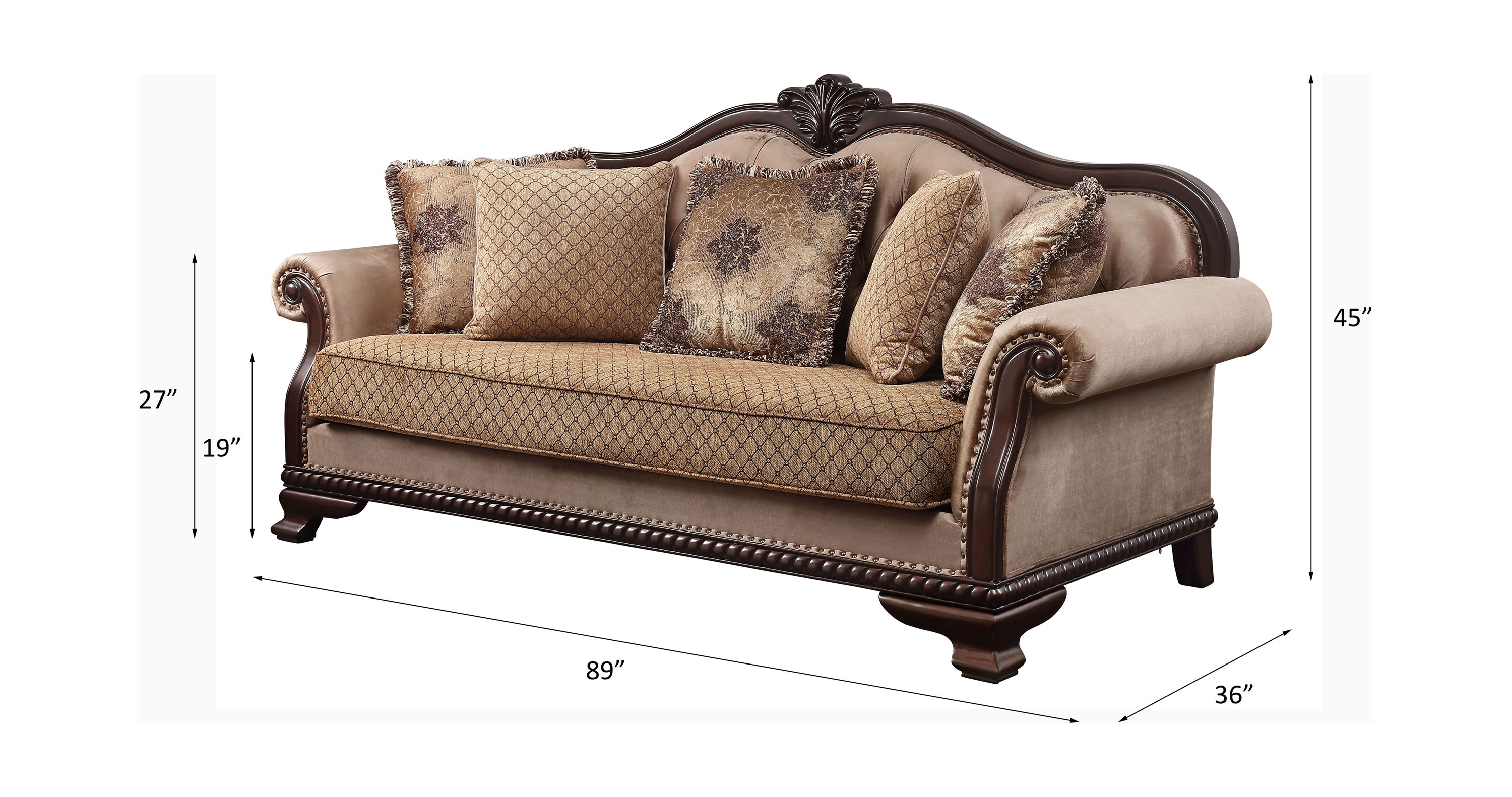 Chateau De Ville - Sofa With 5 Pillows (Same Lv01588) - Fabric & Espresso, beige, view 4