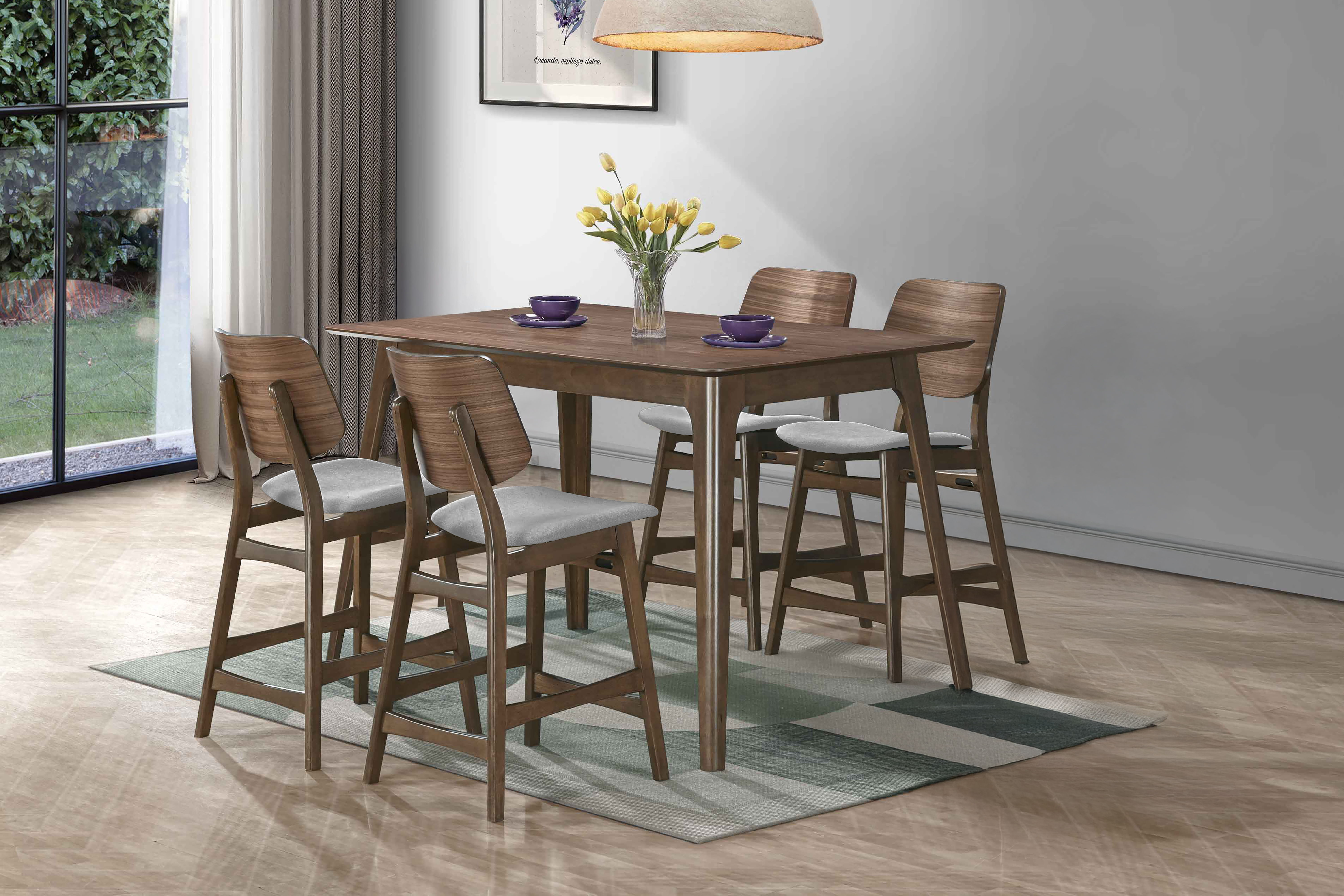 Oscar - Counter Wood Table - Walnut With 4 Gray Cushion Chairs - Brown / Gray