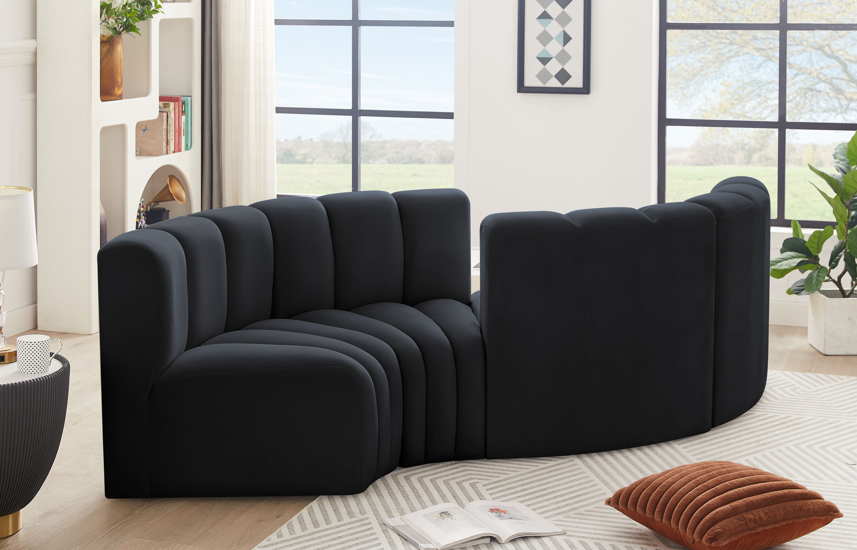Arc - Velvet 4 Piece Curved Modular Sofa - Black