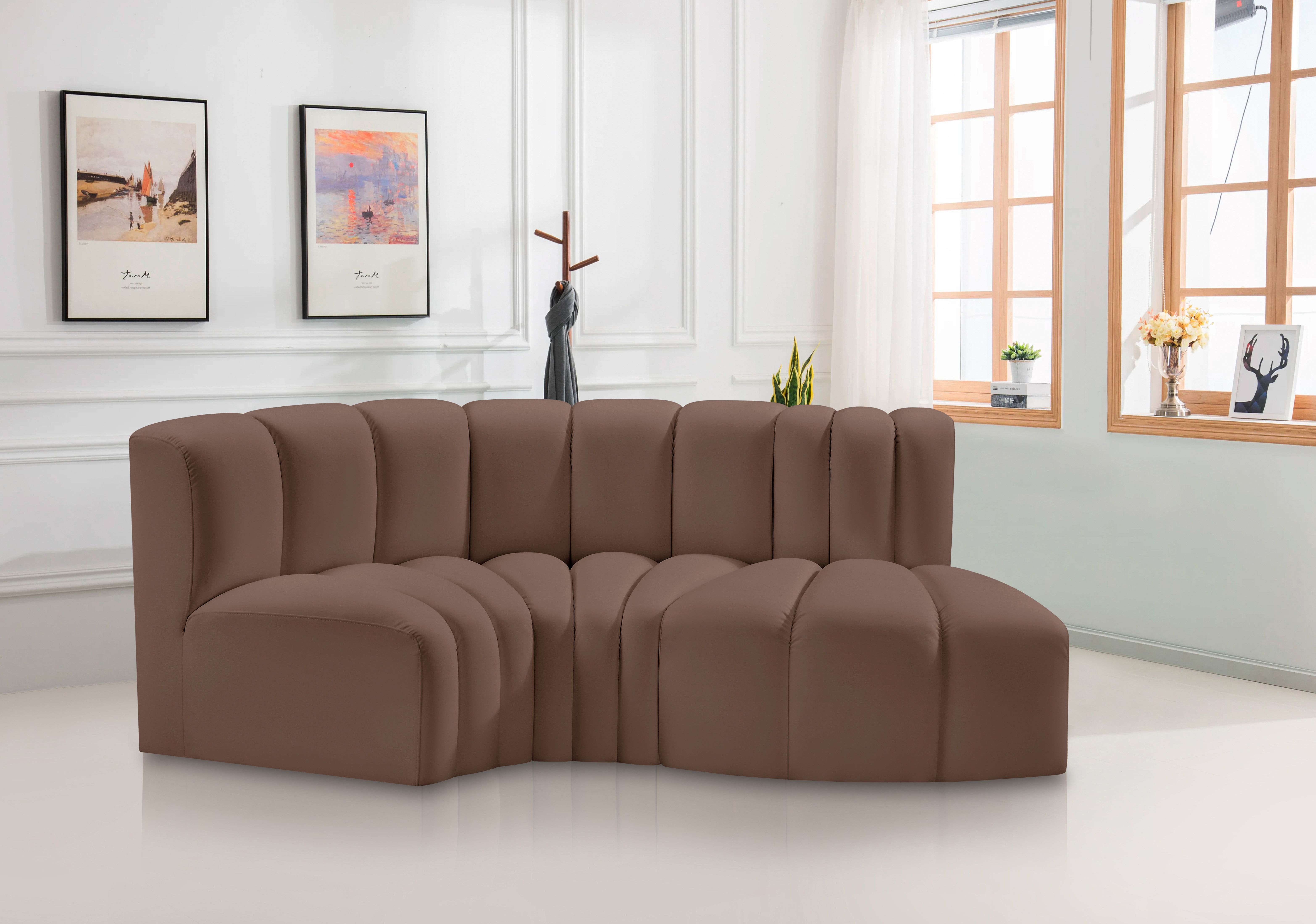 Arc - Faux Leather 3 Piece Modular L-Shaped Sofa - Brown