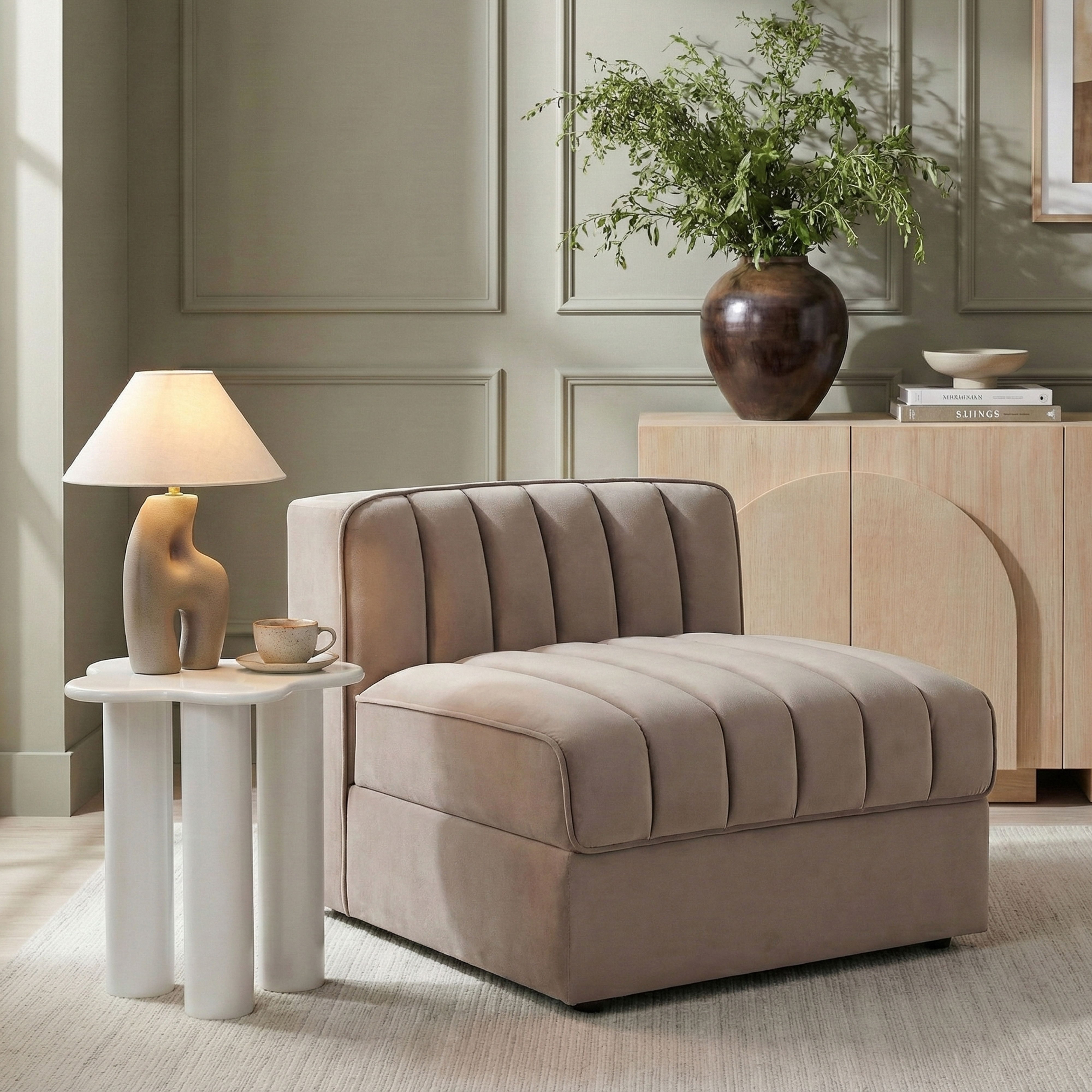 Rummi - Velvet Performance Fabric Upholstered Modular Armless Chair - Taupe