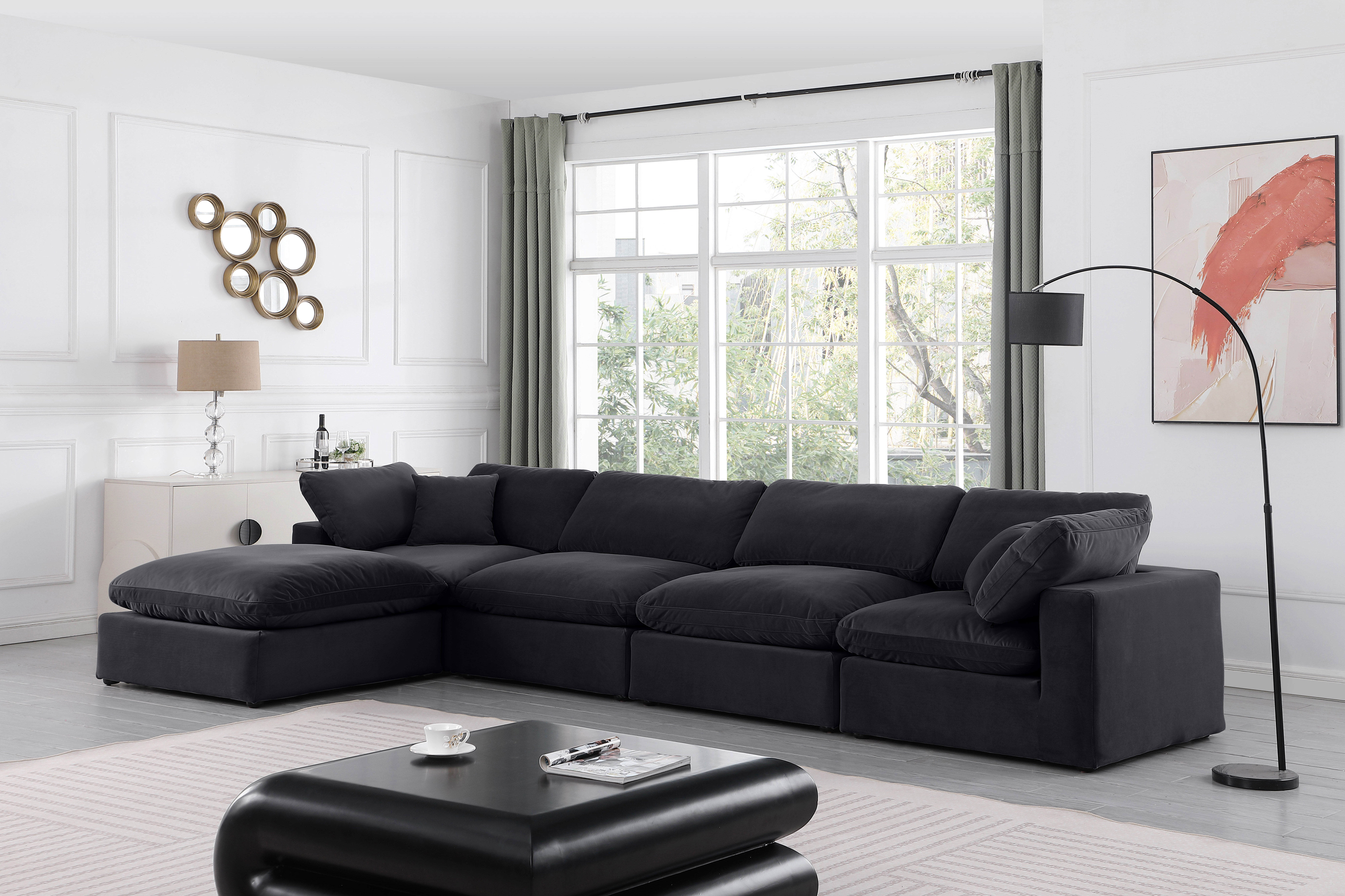 Comfy - 5 Piece Velvet Modular Sectional With Chaise - Black