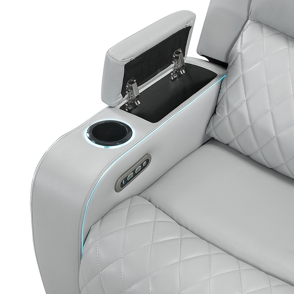Elonzo - Power Motion Recliner With LED, Power Headrest & Speaker - Light Gray, light gray, view 7