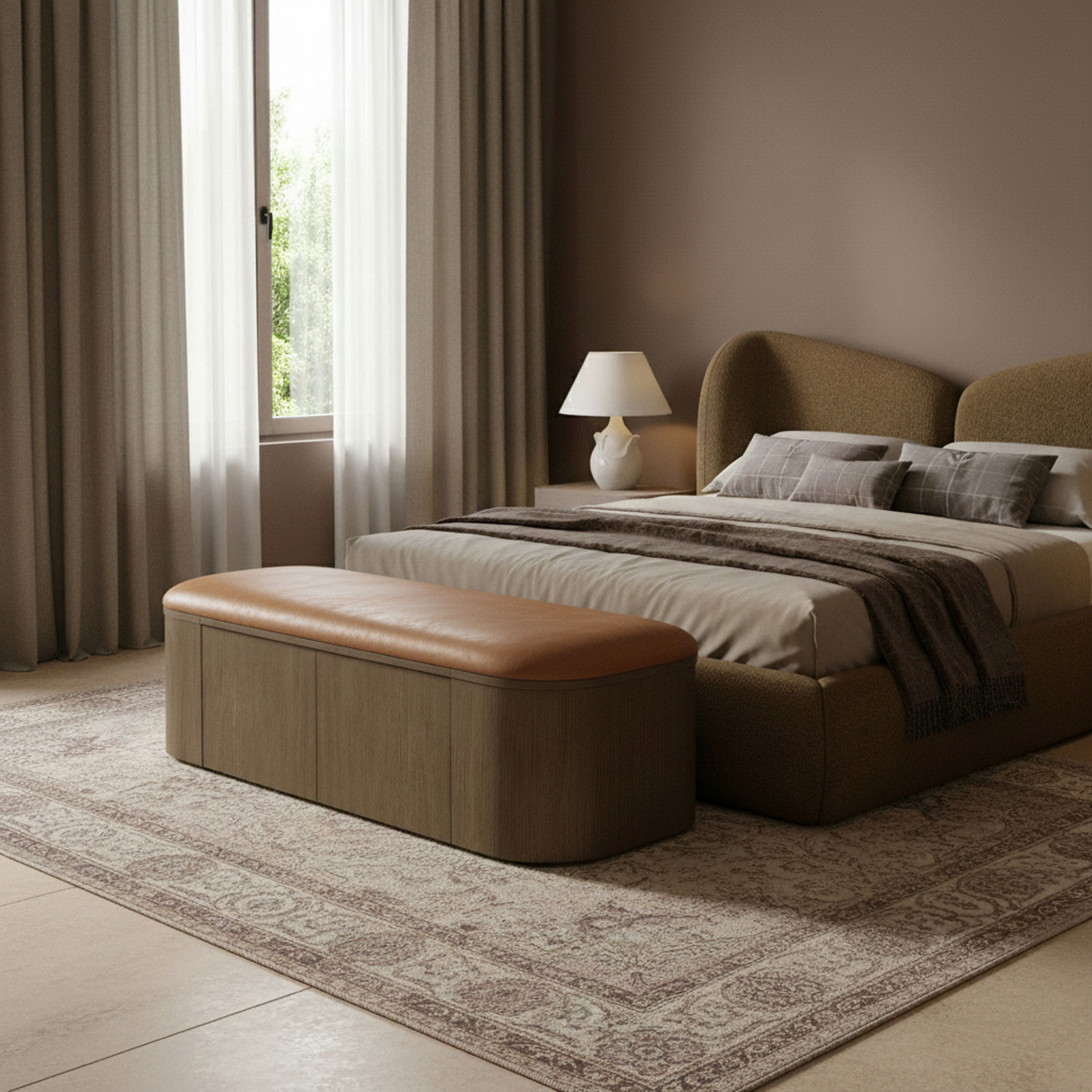 Velden - Vegan Leather Upholstered Storage Bench - Cognac / Stained Brown