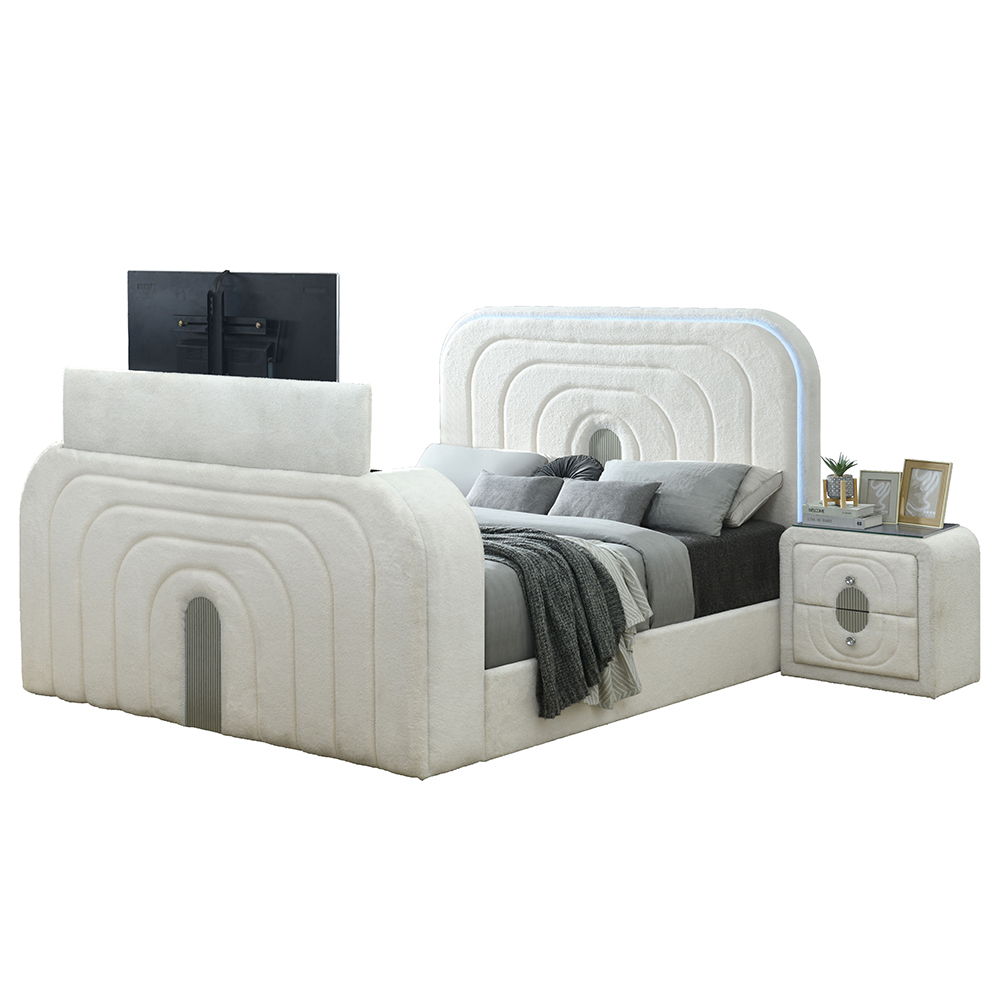 Shelyn - Queen Bed With LED, TV Cabinet, Fireplace & Bluetooth - White Teddy Sherpa & Chrome, white, view 6