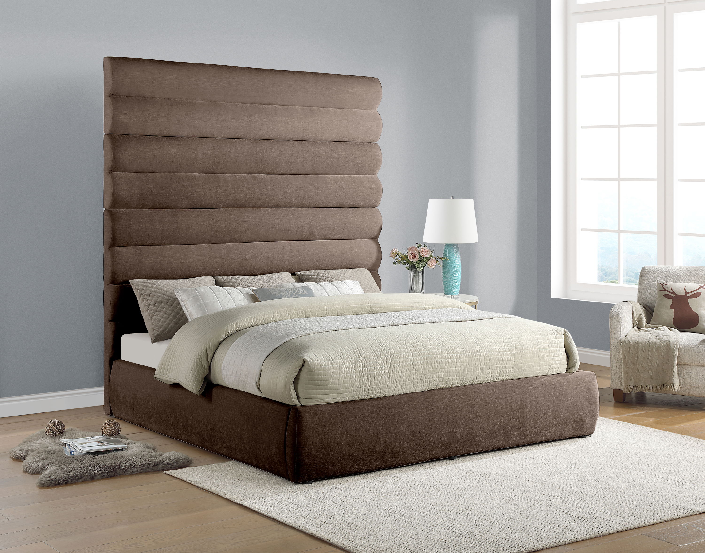 Adam - Chenille Fabric King Bed With 89" Headboard - Brown