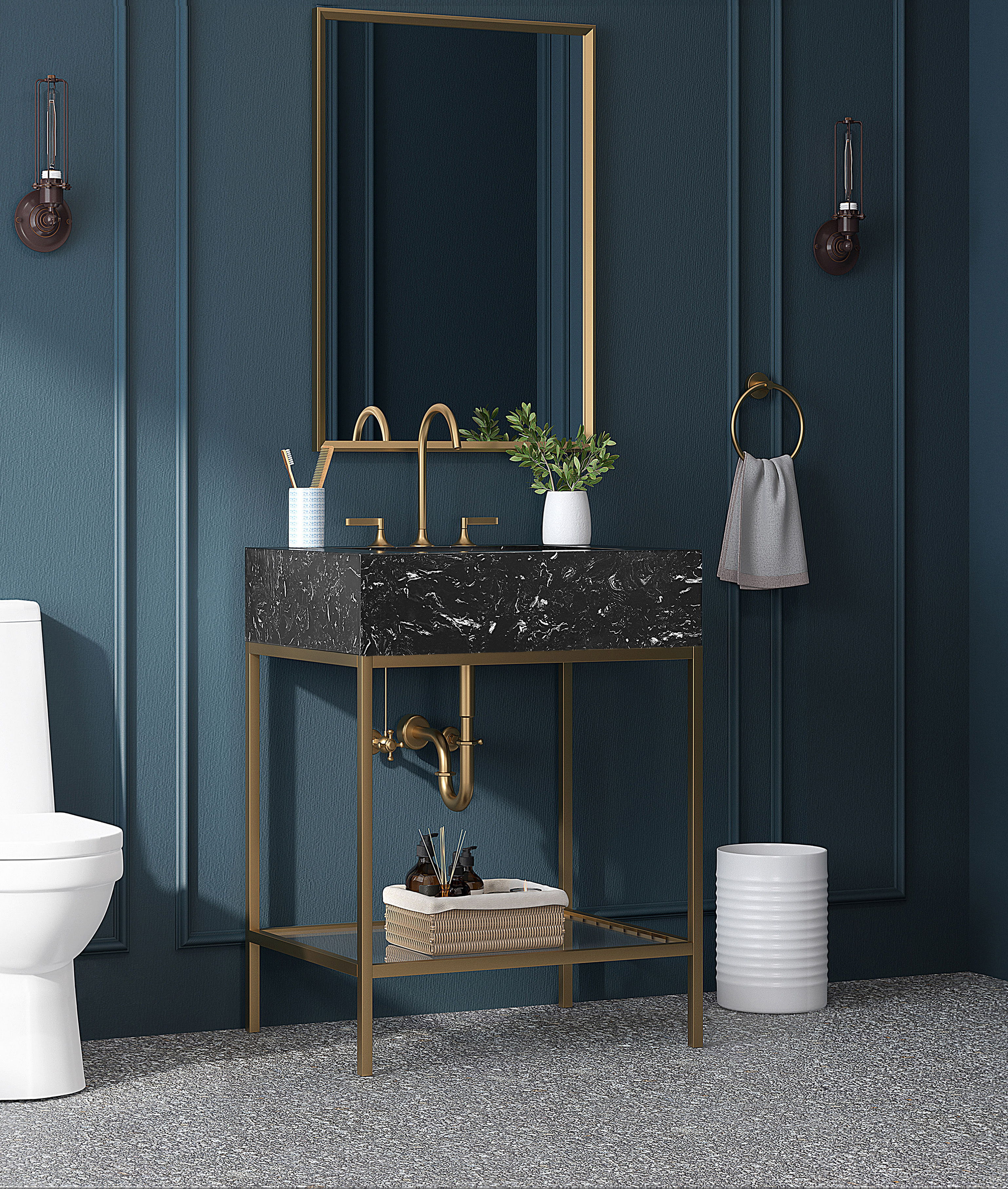 Marmo - 24" Engineered Marble Bathroom Vanity With Gold Base - Black