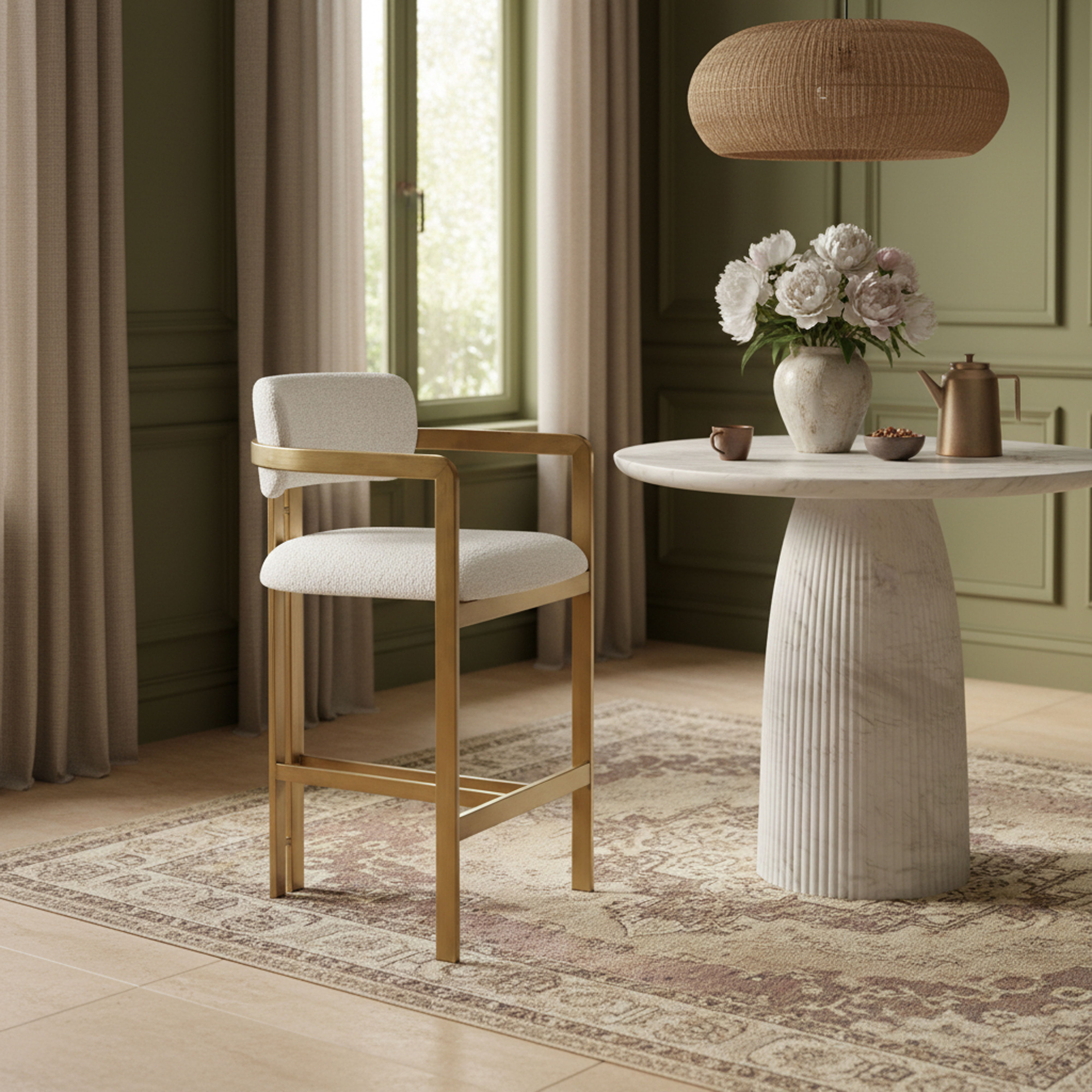 Aurum - Linen Textured Fabric Upholstered Counter Stool - Cream