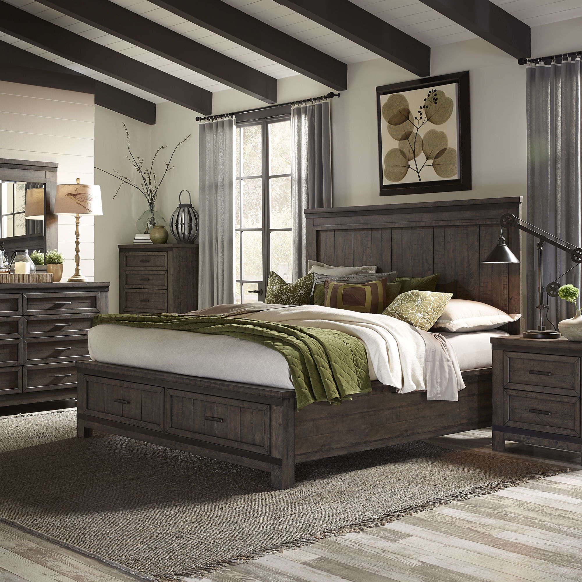 Liberty Furniture Thornwood Hills - 5 Piece Bedroom Set (King Storage Bed, Dresser & Mirror, Chest, Nightstand) - Dark Brown
