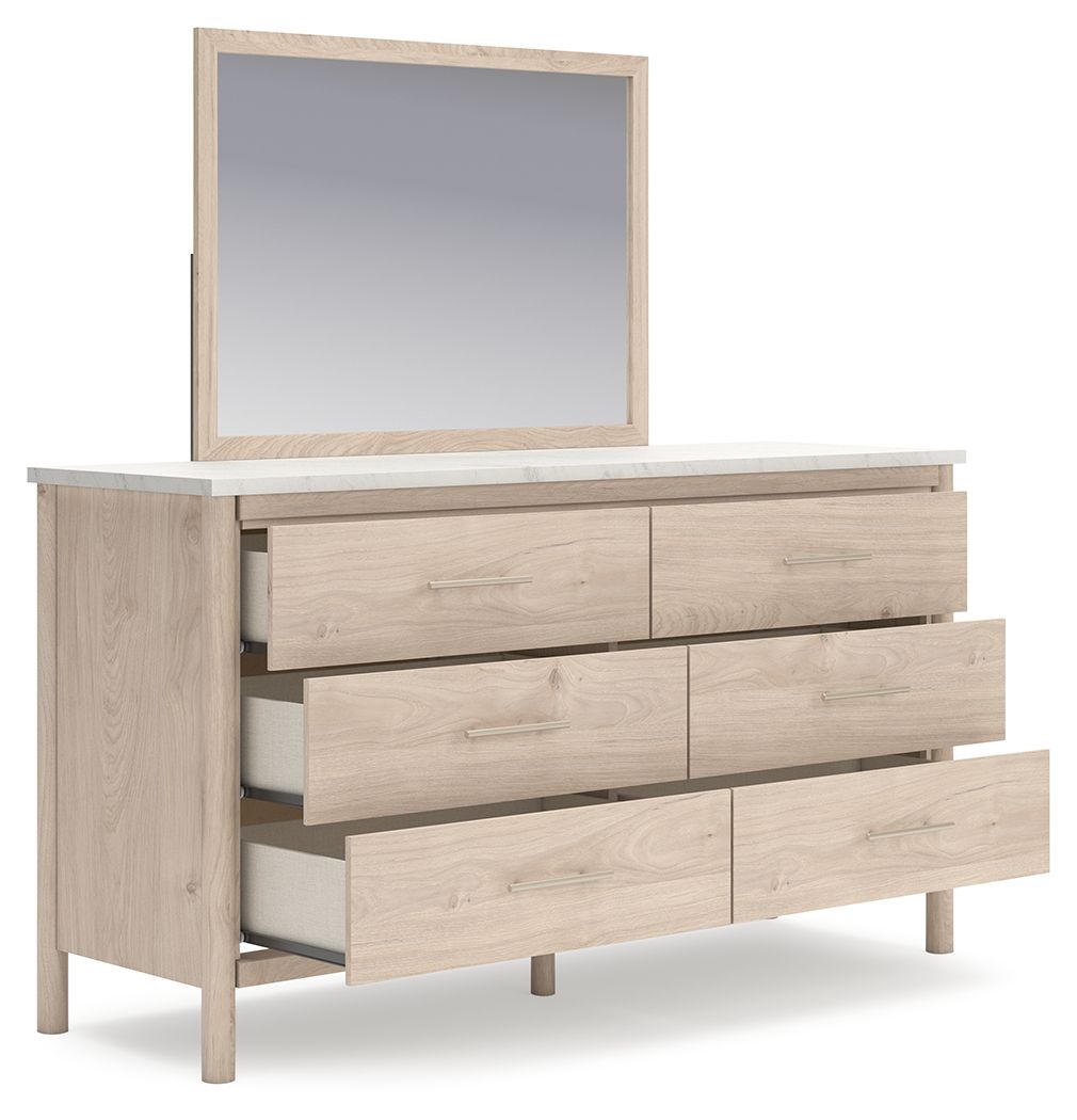 Cadmori - 5 Pc. - Dresser, Mirror, Queen Upholstered Panel Bed - Two-tone