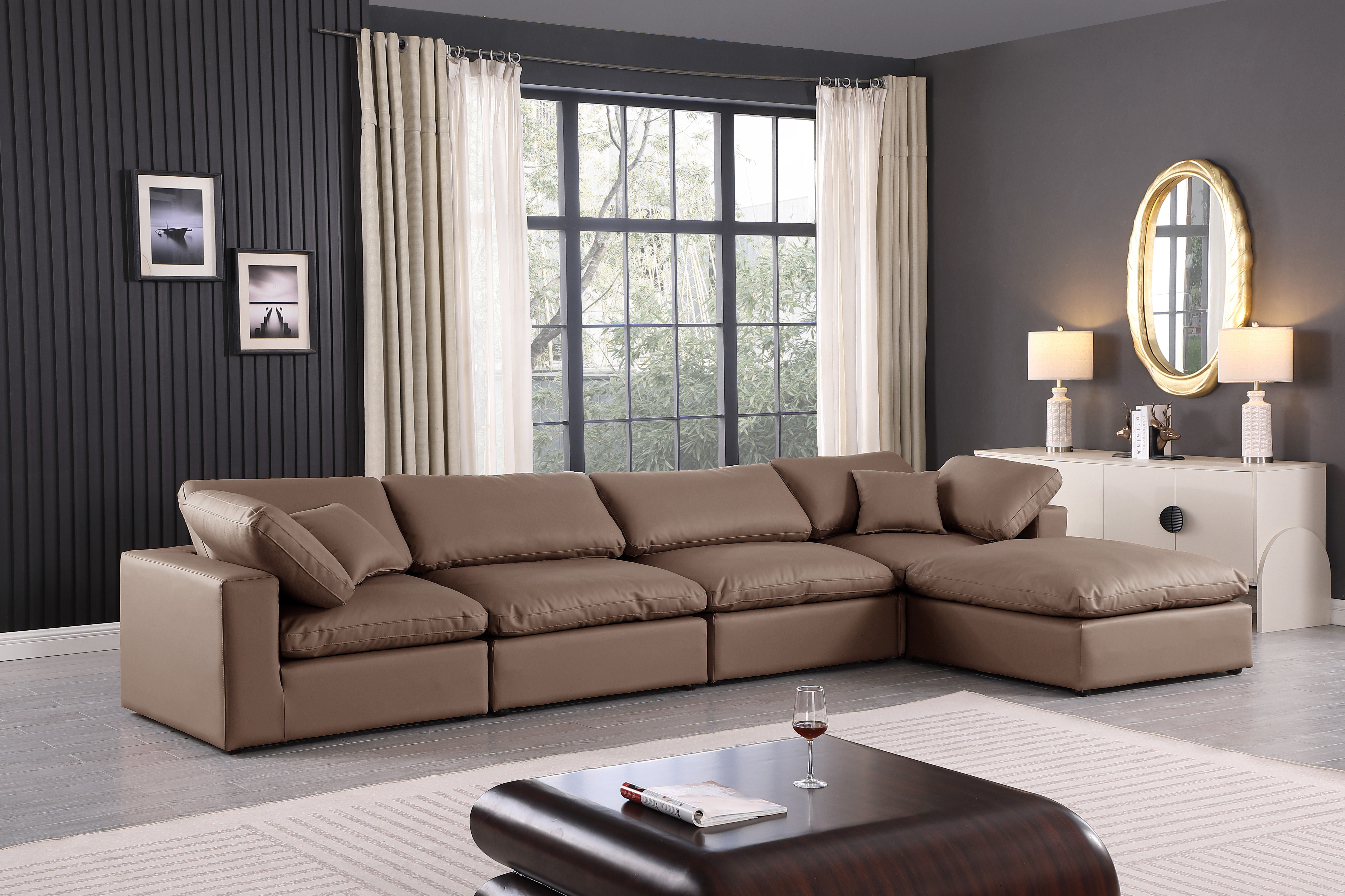 Comfy - 5 Piece Faux Leather Modular Sectional With Chaise - Brown