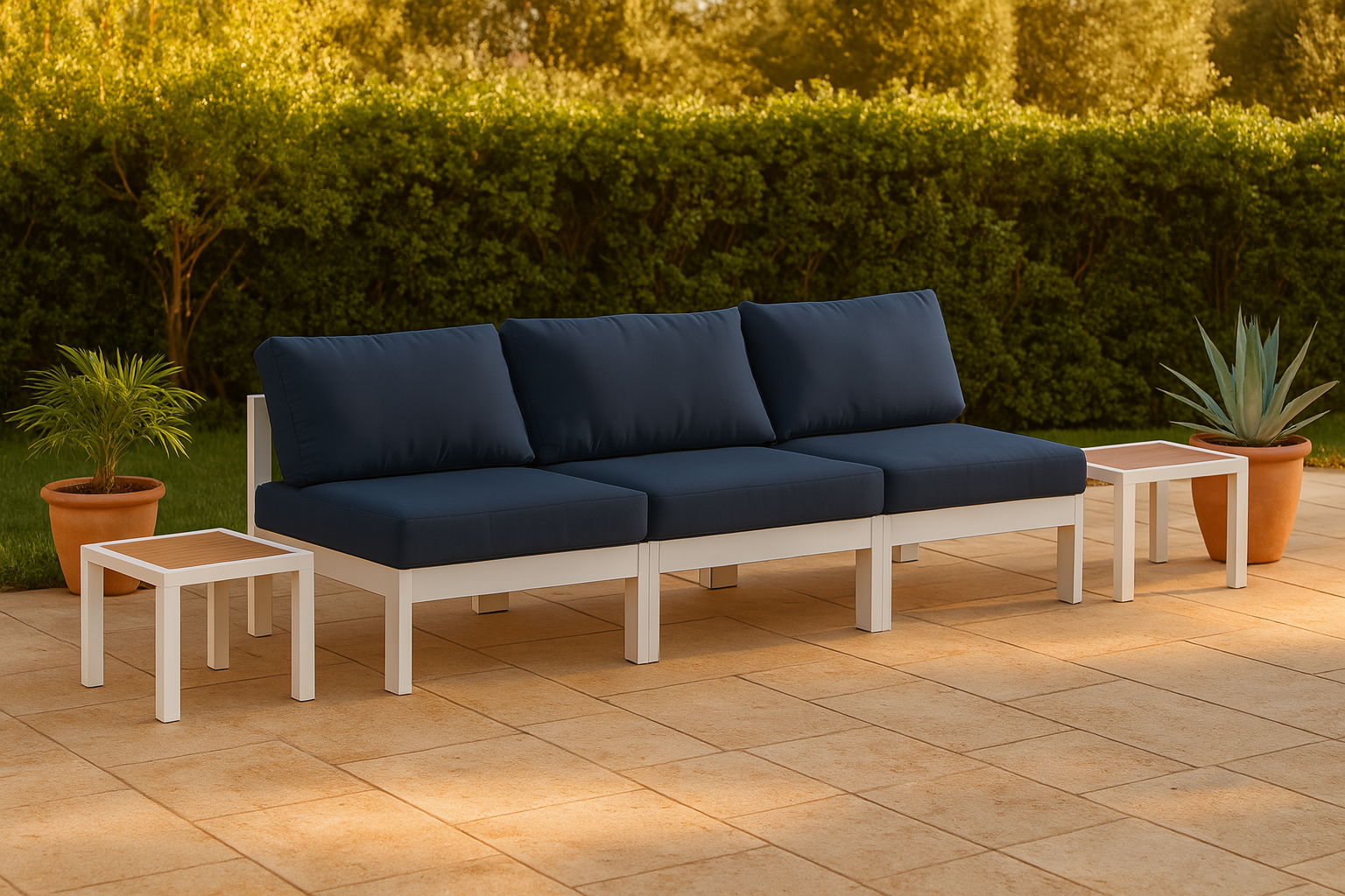 Nizuc - Outdoor Patio 3 Piece Armless Modular Sofa With White Frame - Navy