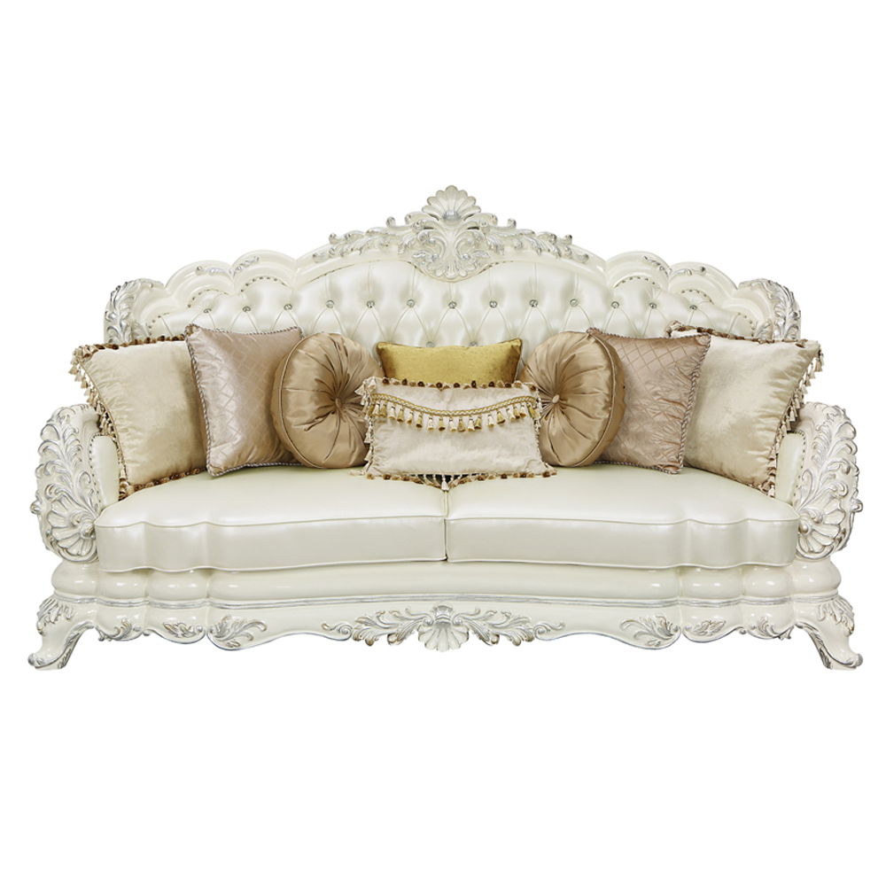Adara - Sofa With 7 Pillows - Pearl White Synthetic Leather & Antique White, white