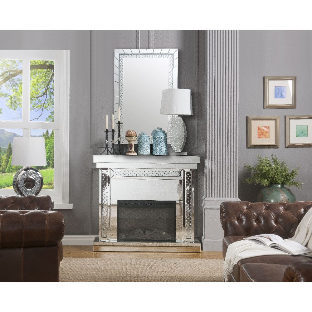 Nysa - 42" Fireplace - Mirrored & Faux Crystals, silver