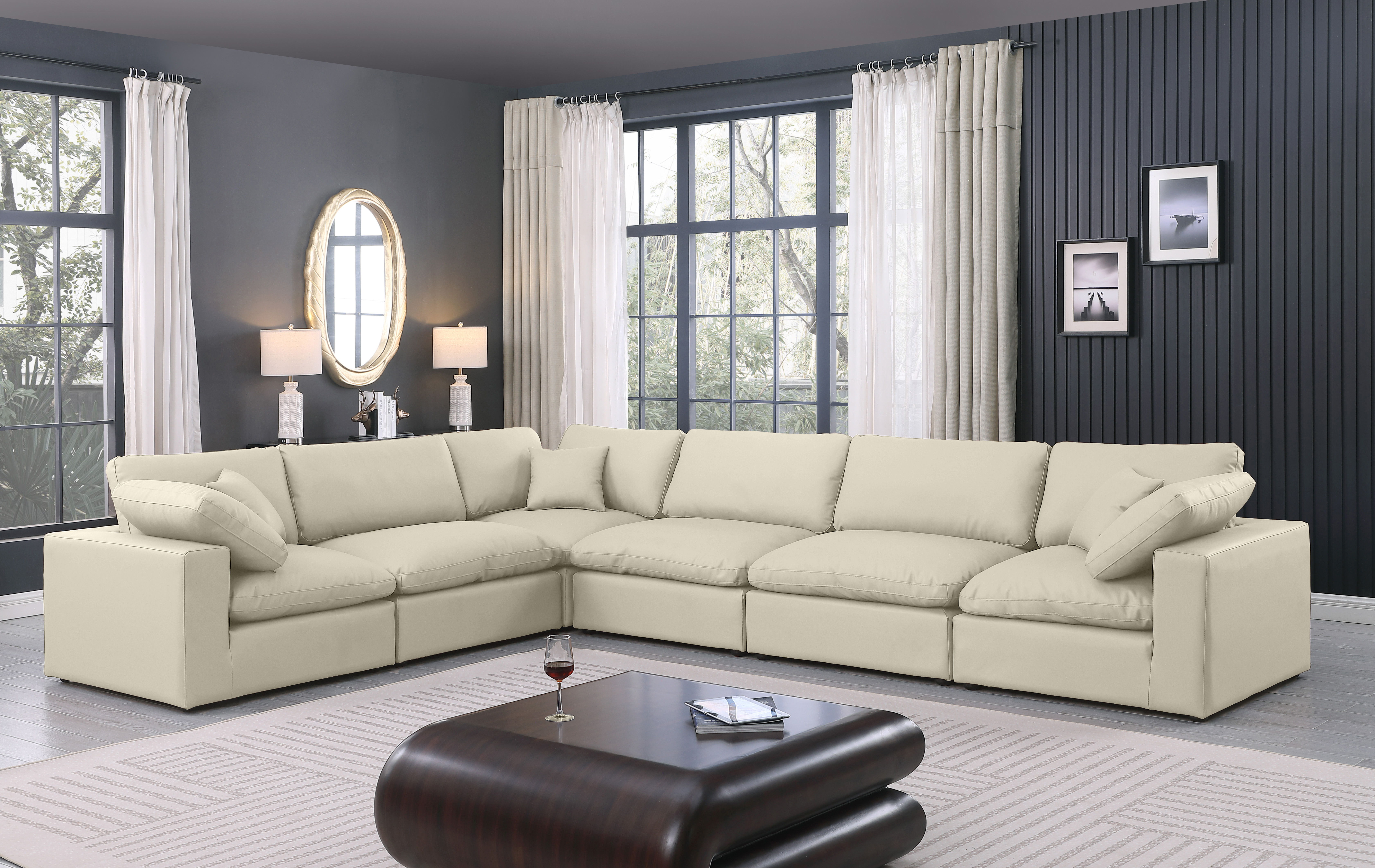 Comfy - 6 Piece Faux Leather Modular Corner Sectional - Cream